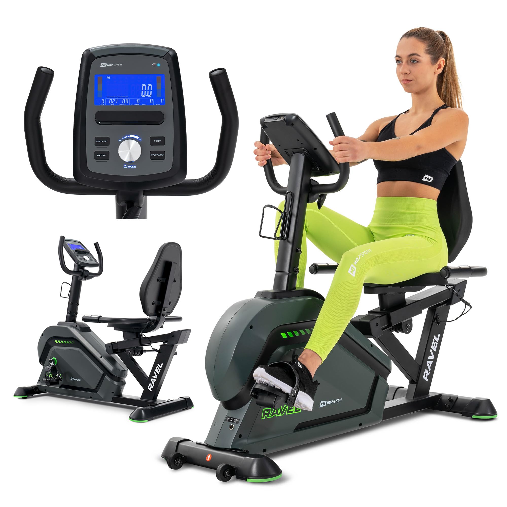 HOP-​SPORT® Vélo d'appartement Semi-​allongé HS-​120L Ravel Bluetooth et App. Kinomap, Résistance magnétique 32 Niveaux, Roue d'inertie 10 kg, Vélo couché 12 programmes d'entraînement, Noir/​Vert