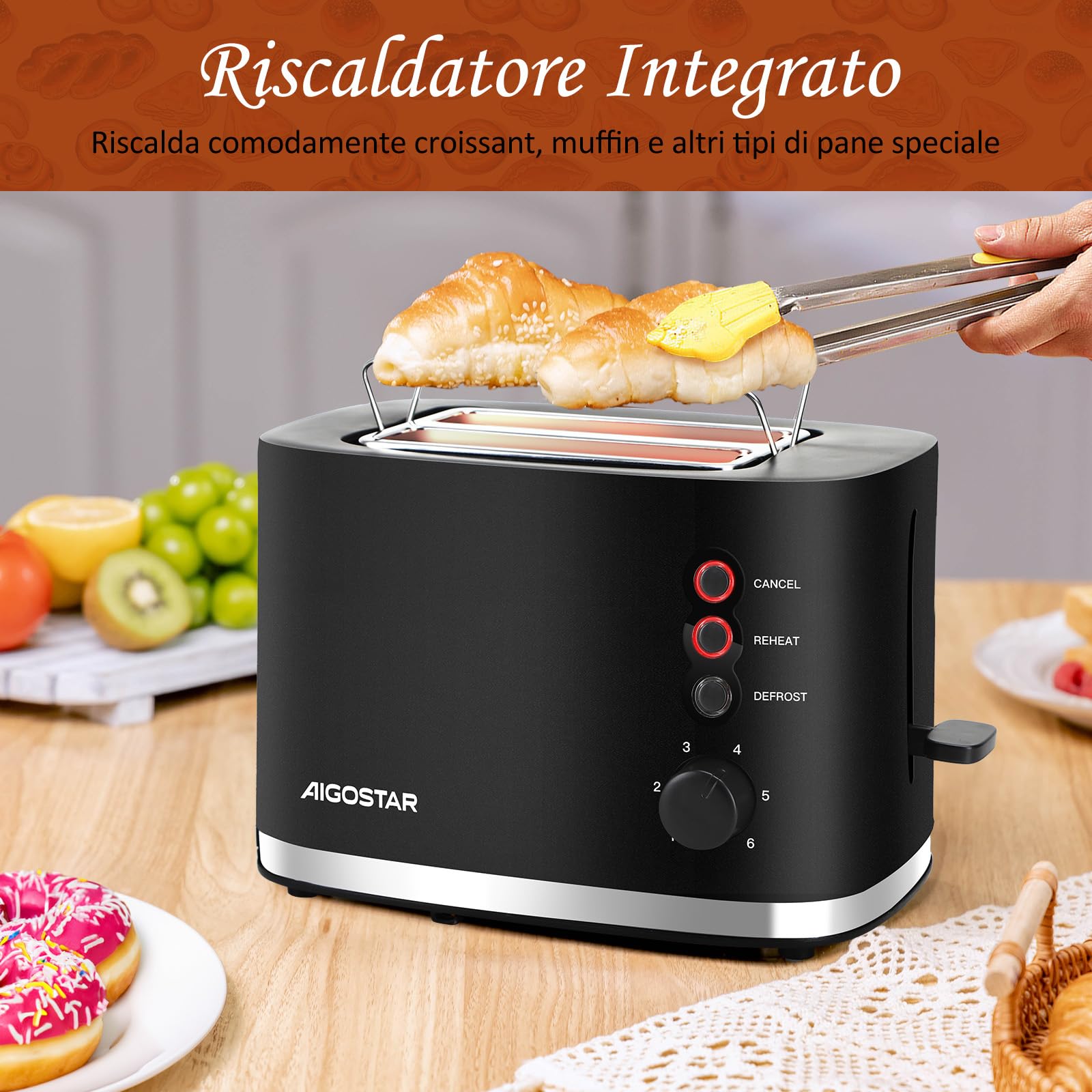 Aigostar Energy - Tostapane 2 Fette, Riscaldatore Integrato, Fessure Extra Larghe e Centratura Automatica, 6 Impostazioni di Tostatura, 3 Funzioni, Vassoio Raccogli Briciole Rimovibile, Nero