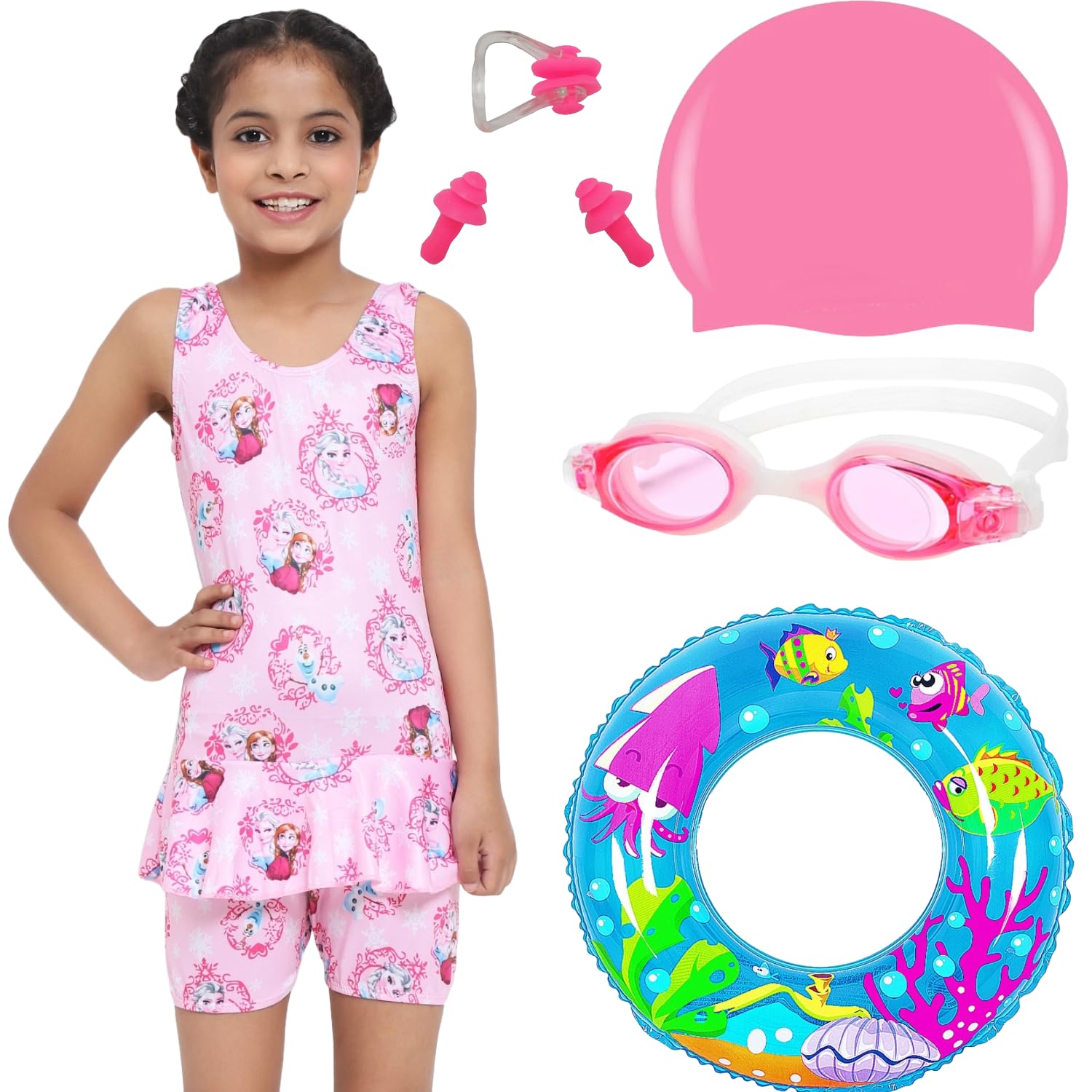 Golden Girl Swimming Set for Kids & Girls with Swimming Goggles, Cap, Swim Costumes, Ear Plug & Nose Clip | Female Swimming kit Combo-image-6