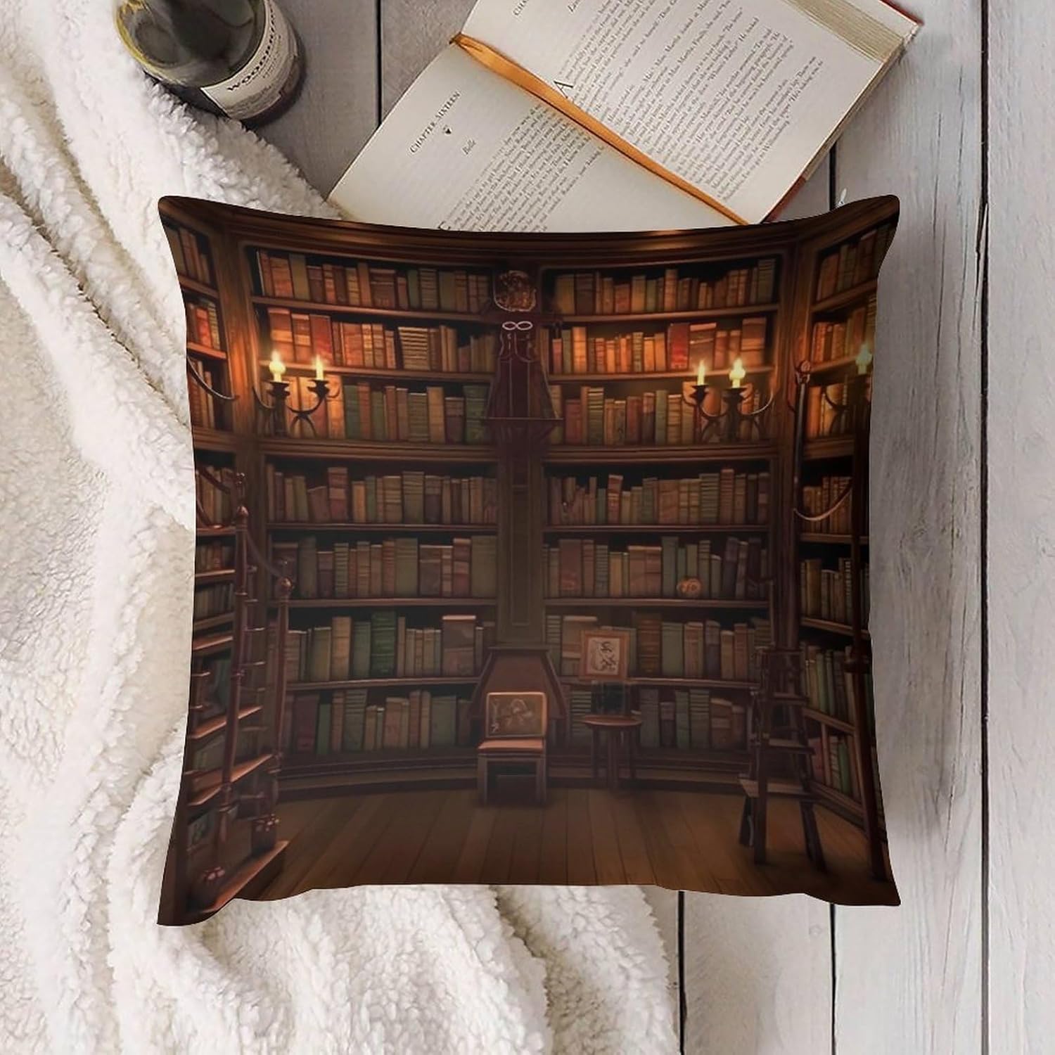 Zippered Pillow Cover, Pillow Protector, Book Room Library Printed Pillow Cover of 4, Pillow Not Included