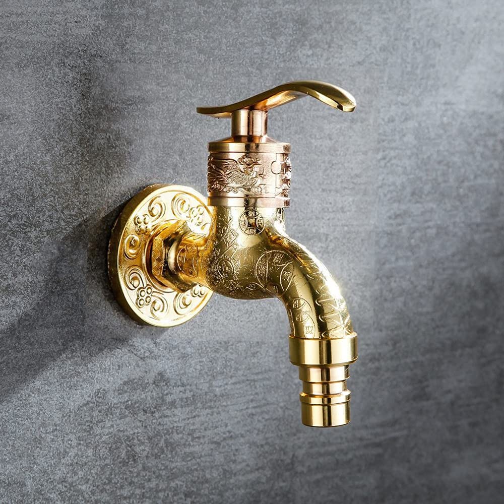 ZYCHSJXA Wall Mount Tap Bibcock Antique Carved Zinc Alloy Retro Decorative Garden Faucet Single Hole Washing Machine Mop WC Outdoor Taps