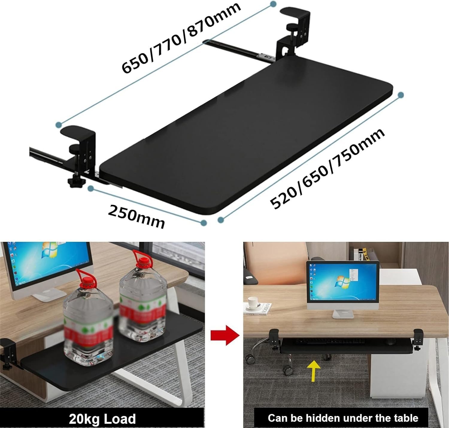 Regulowana taca na klawiaturę, 75 x 25 cm, wysuwana szuflada na małe biurka, stabilna powierzchnia do pisania, ergonomiczna konstrukcja zapewnia wygodne pisanie i zwiększoną produktywność