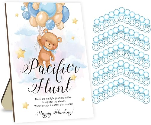 Juego de caza de chupetes de oso para baby shower, juego de caza de chupetes para bebé, 50 chupetes acrílicos azules con chupete de baby shower,