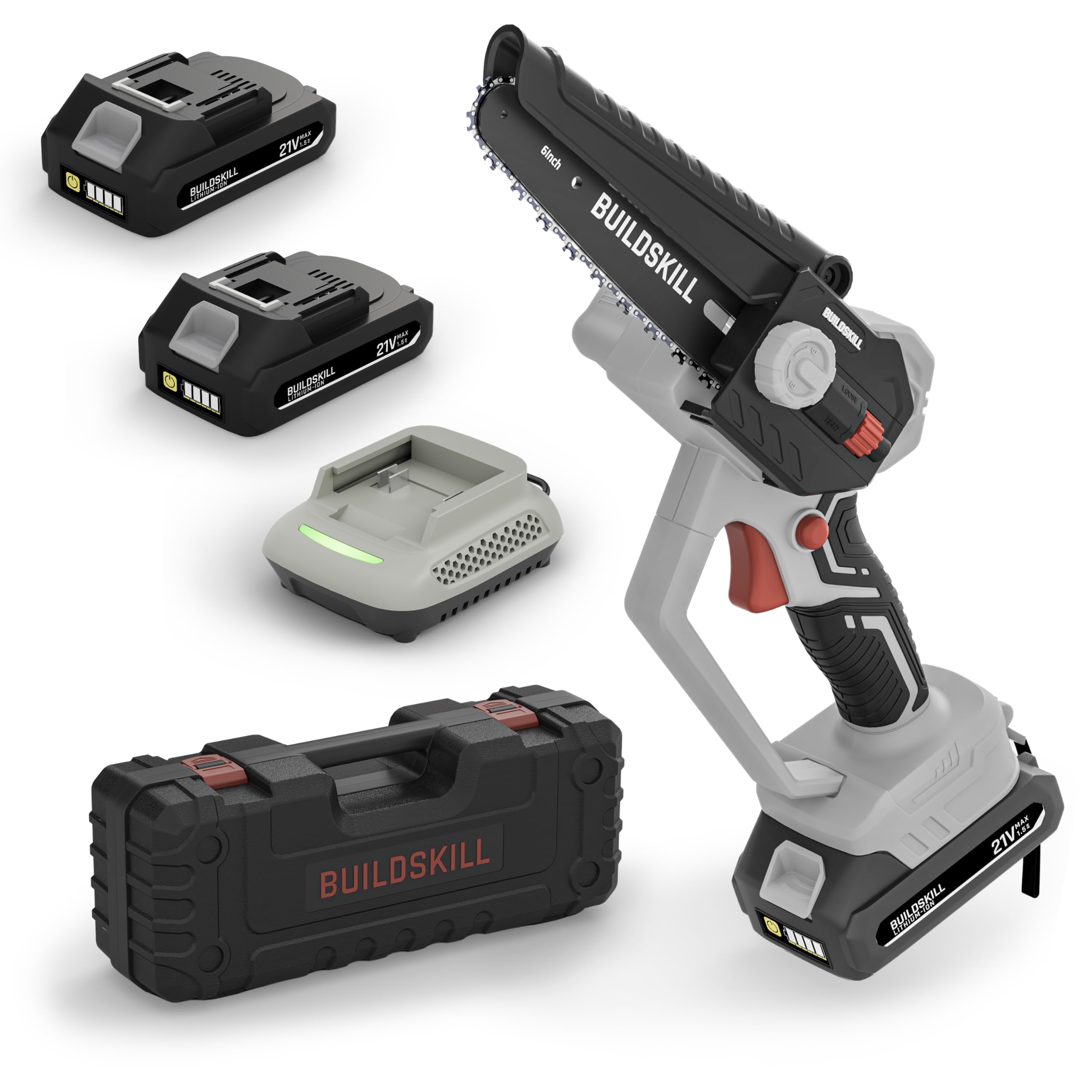 BUILDSKILL 21V Cordless Chainsaw Machine | 6 inch Bar | 3600 RPM Copper Motor | 2 x 1.5AH Battery | Chain tensioning button, safety lock | Mini Chainsaw Machine for Wood Cutting, Gardening & DIY Use