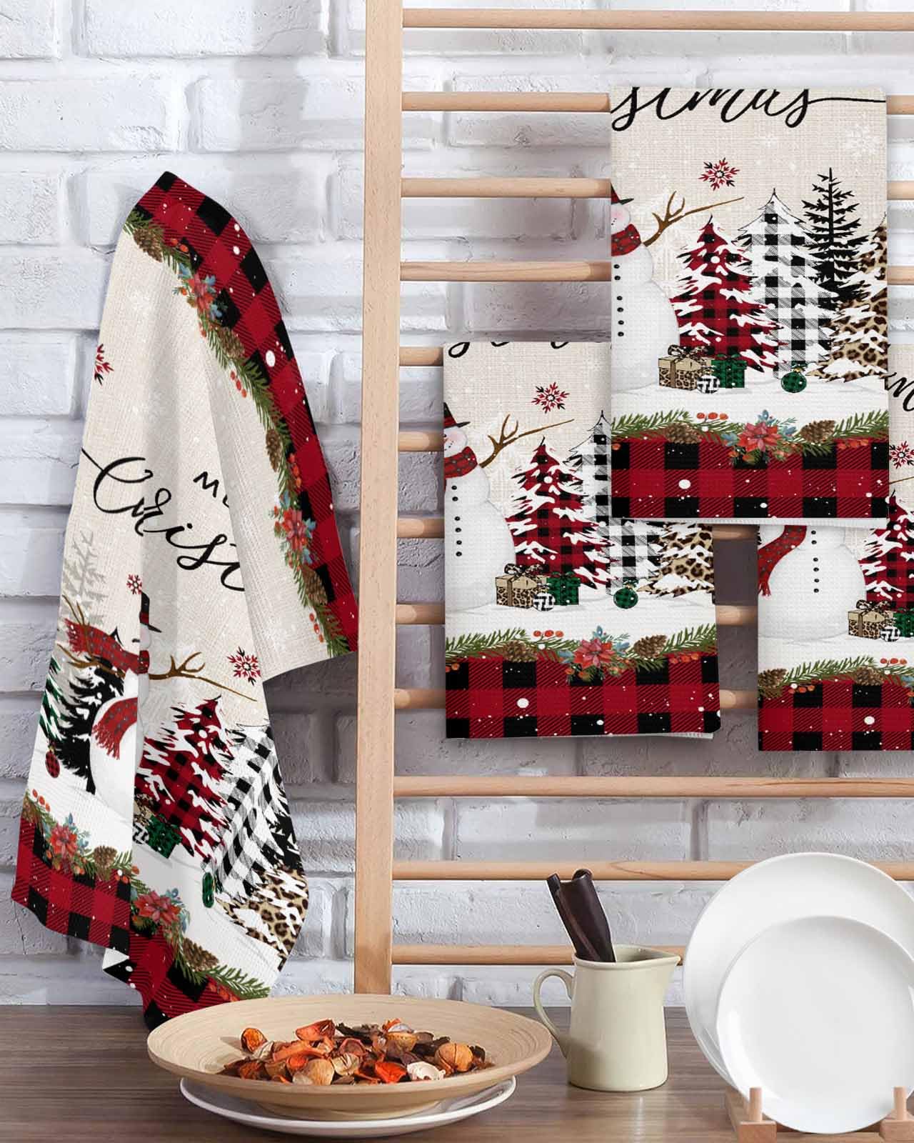 Hokiten Christmas Waffle Kitchen Towels Dishcloths, Rustic Red Plaid Tree Xmas Snowman Absorbent Dish Towels | Hand Towels for Bathroom/Bar, 16 x 24 Inch, 3 Pcs
