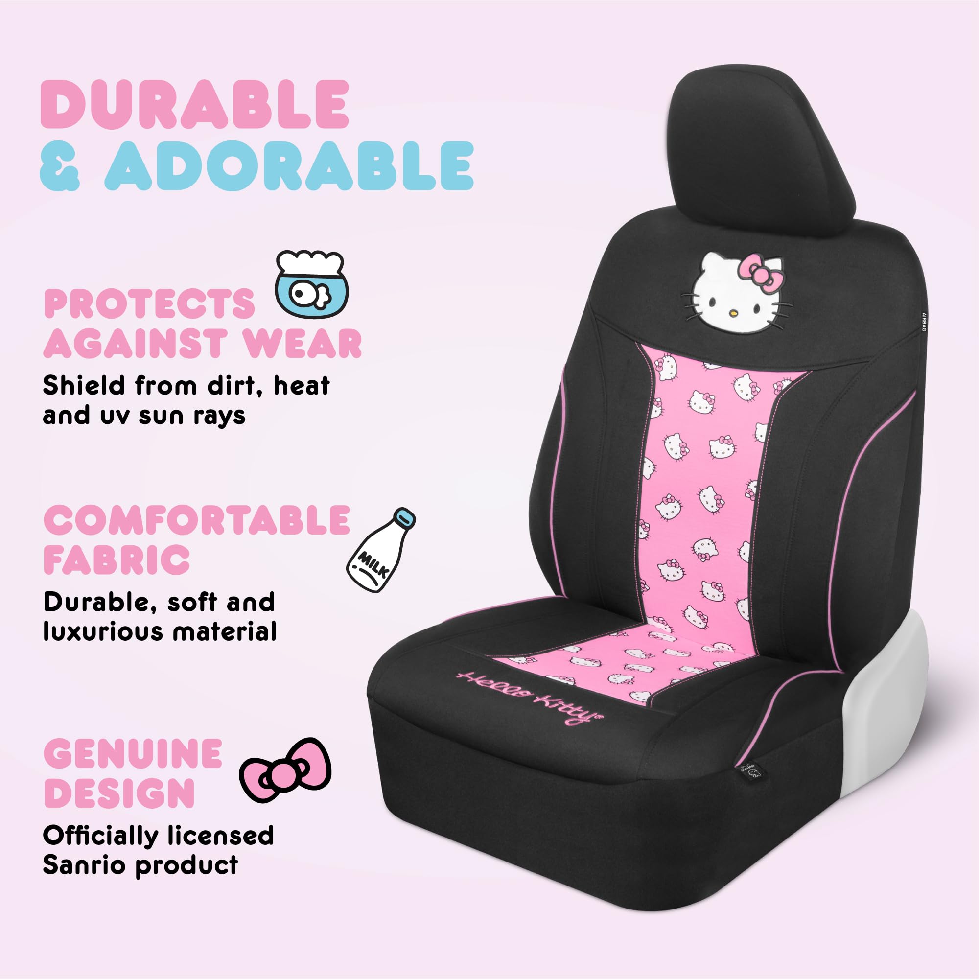 Carbella Cinnamoroll Car Seat Covers, Car Floor Mats, Steering Wheel Cover, Windshield Sun Shade for Car Gift Pack Car Air Freshener Black and Blue Hello Kitty Car Accessories for Women 9pc Combo: Covers & Carpet Mats-Red Hello Kitty