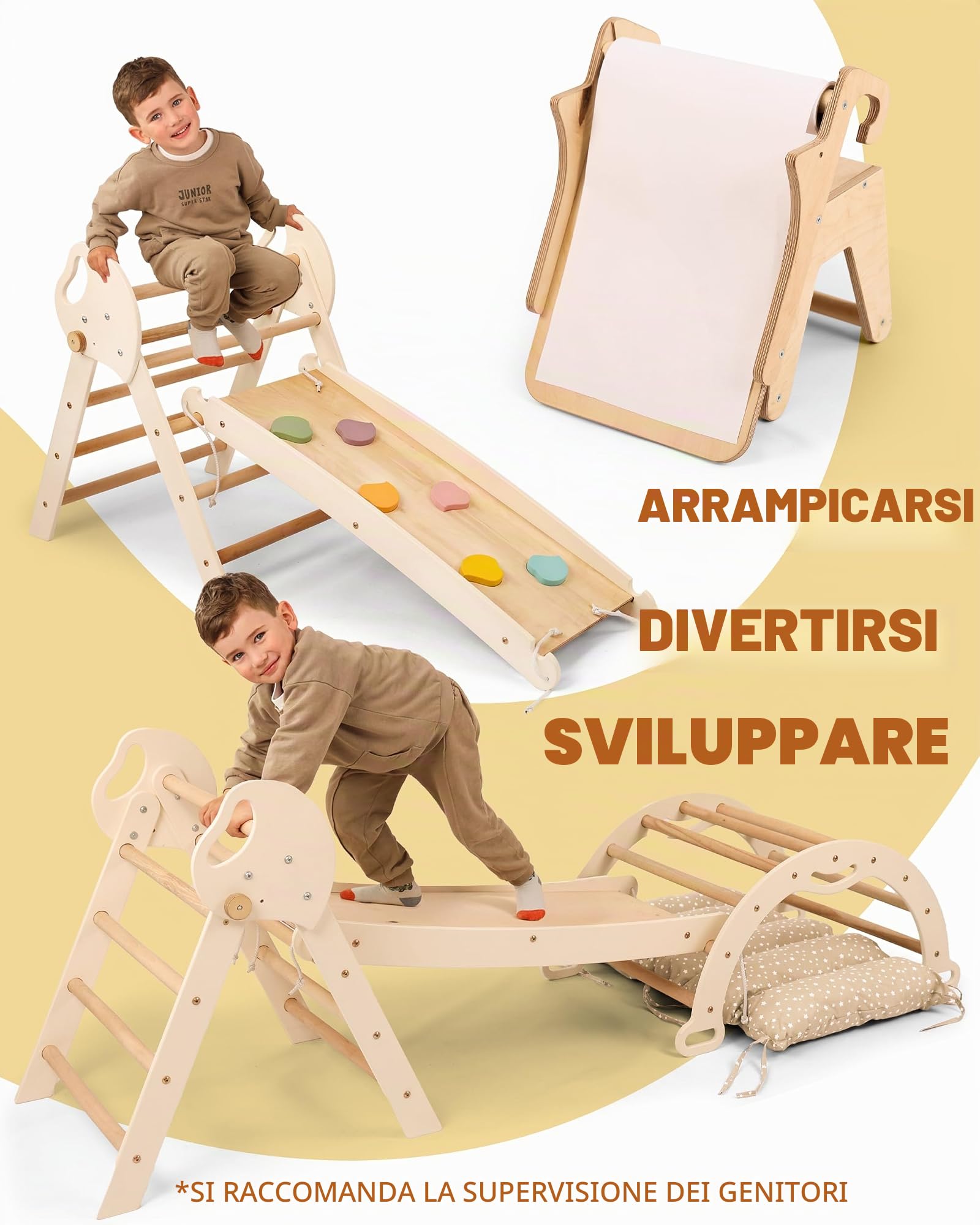 Goodevas 5-in-1 Struttura da Arrampicata per Interni in Legno con Scivolo – Triangolo Montessori per Bambini da 1 Anno, Parco Giochi per Interni, Giocattolo da Arrampicata per Bambini Triangolo