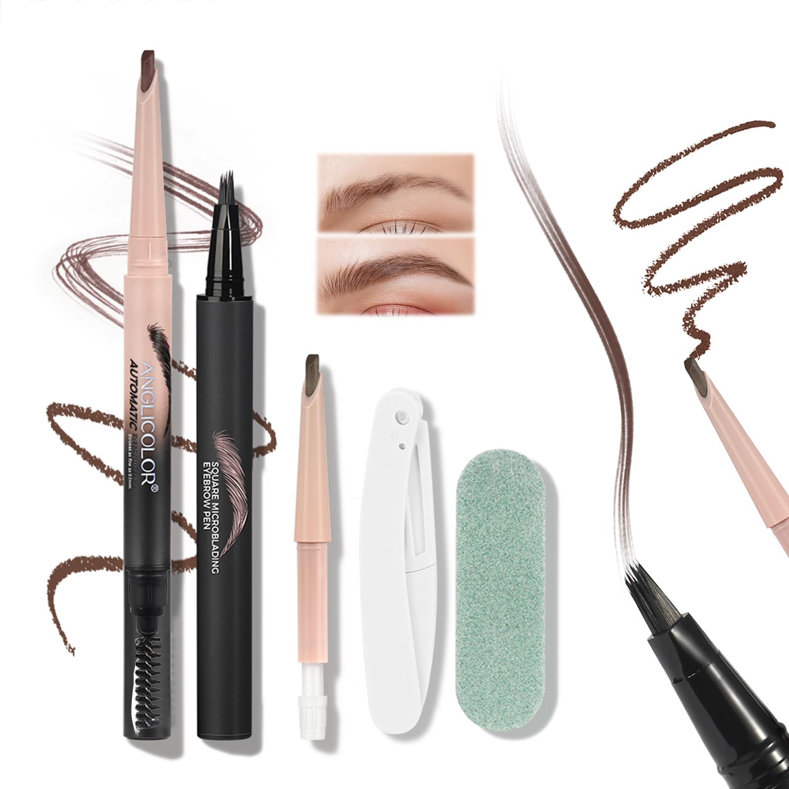 Prreal Microblading Eyebrow Pen Set,2 in 1 Dual Ended Eyebrow Pencil Precise with Spiral Brush,Replaceable Core,Eye Brow Razor