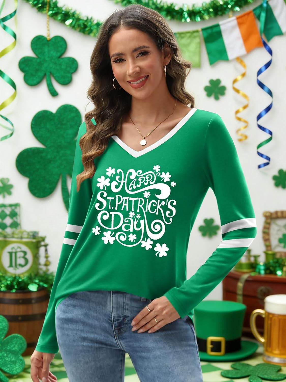 St Patricks Day Shirts for Women Lucky Shamrock Graphic T Shirt V Neck St Patrick's Day Long Sleeve Tops - Image 3