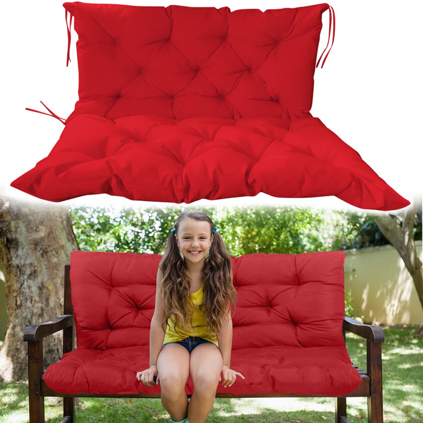 Swing Replacement Cushions with Backrest, 3 Seater Non-Slip and Waterproof Overstuffed Swing Pad Cushions for Outdoor Swing, Terrace Loveseat/Bench (60x40in, Red)