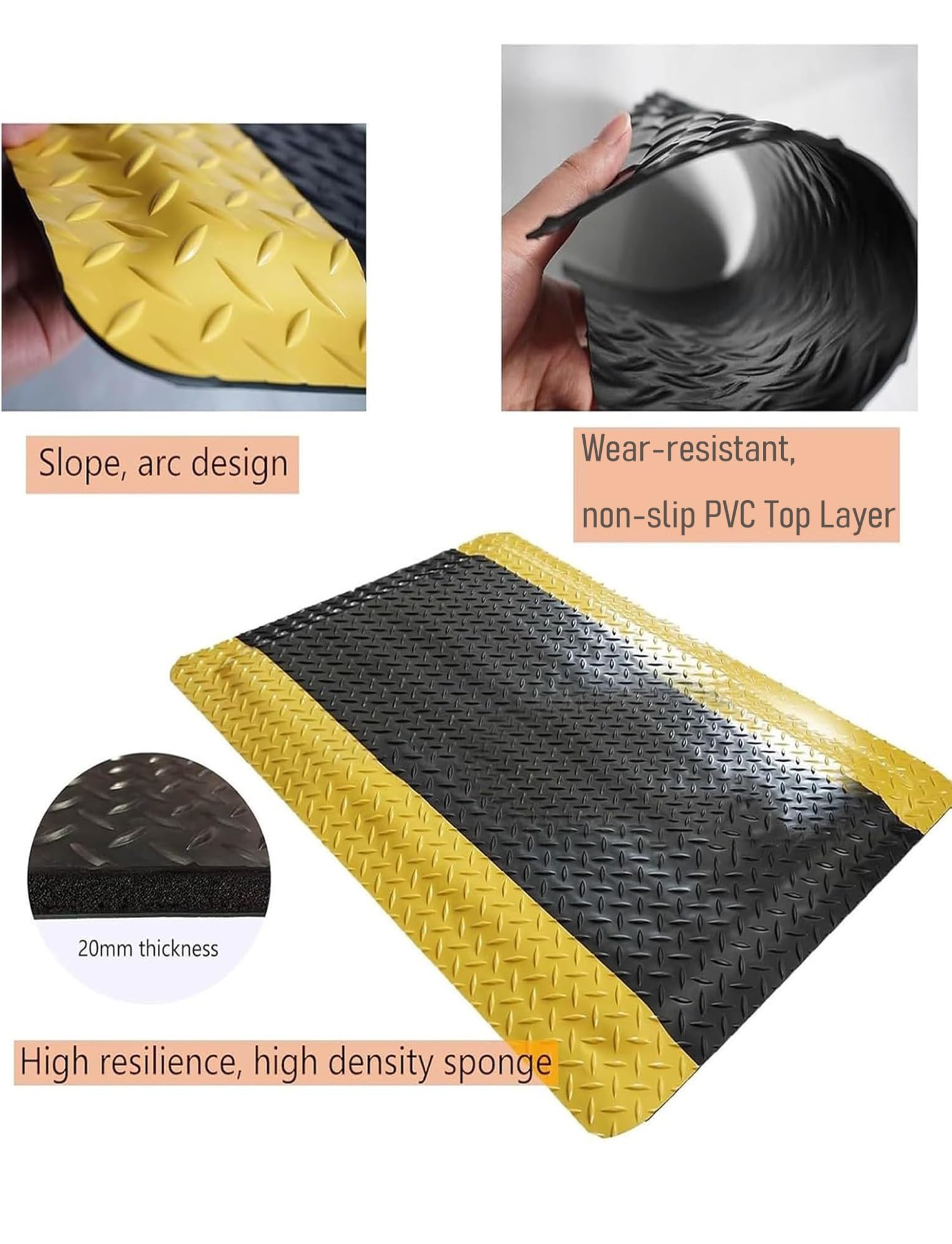 Alfombra Antifatiga para Estaciones de Trabajo, 2cm de Grosor | Espuma acolchada con borde amarillo visible para mayor comodidad en jornadas largas(Black-Yellow,70x60cm)