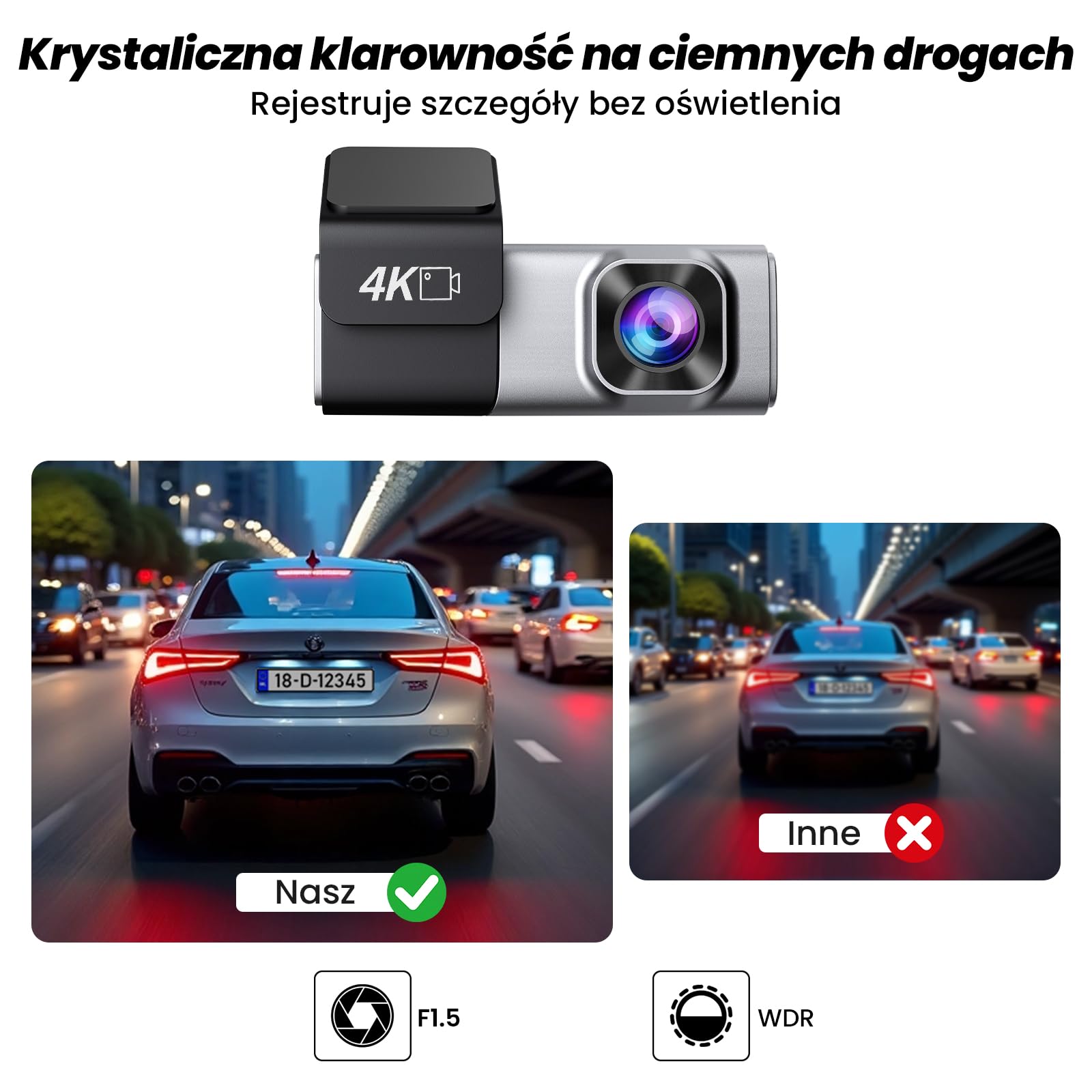 Kamera samochodowa Dashcam podwójna 4K/2K WiFi z aplikacją – Przednia 4K + Tylna 2K, Mini Kamera Samochodowa, Karta 64 GB, Noktowizja, Nagrywanie w pętli, Tryb Parking 24 h