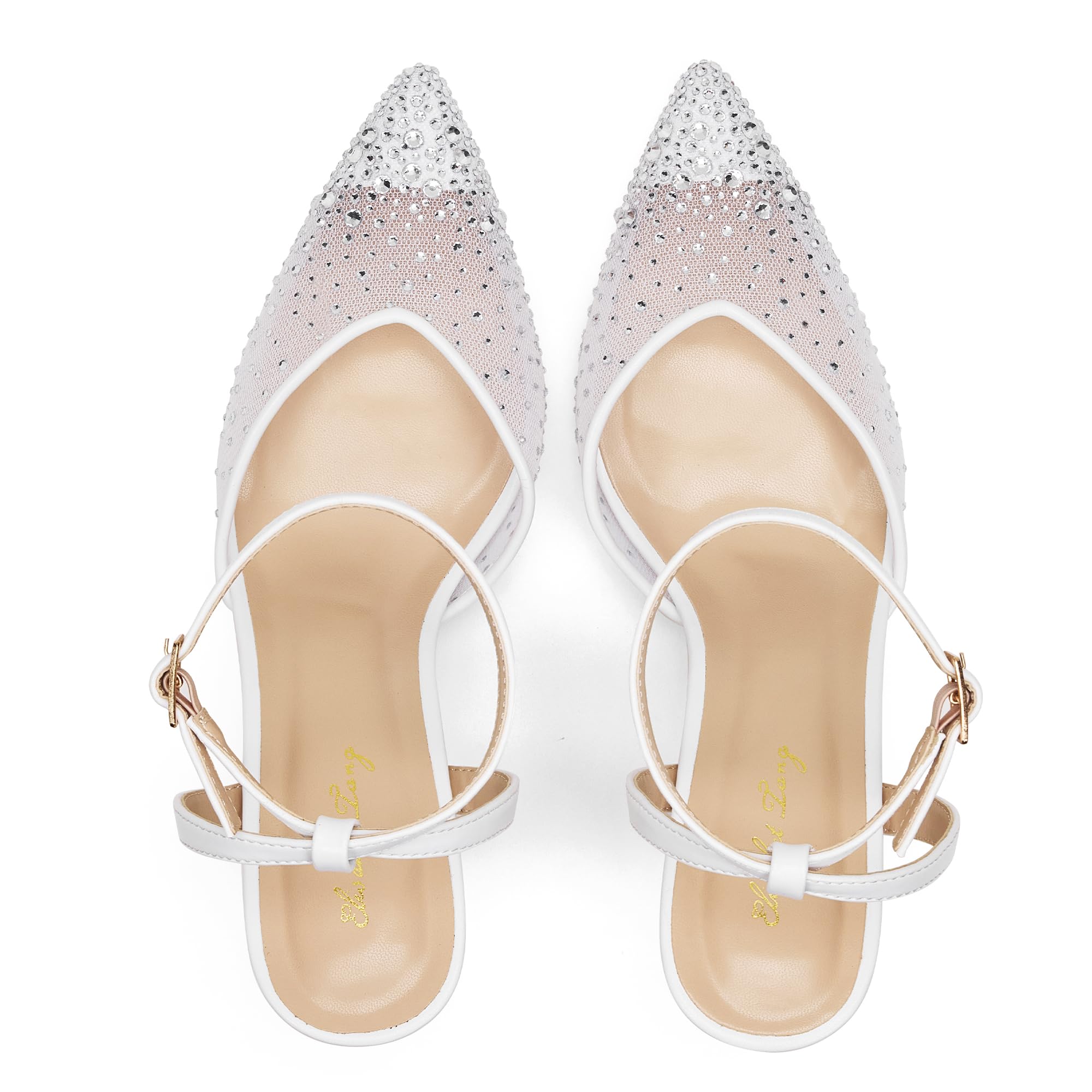 Zhabtuc Damen Tacchi 8 cm Strass Pumps Punta Spillo Mesh Glitter Cinturino Caviglia Slingback Kitten Heel Scarpe da Sera Matrimonio Sposa
