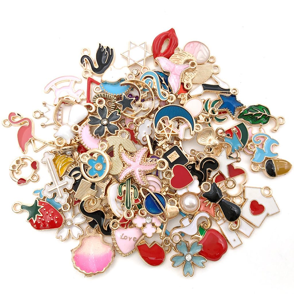 Zibuyu® 54Pcs Mixed Gold Plated Enamel DIY Charms for Jewelry Making Materials Kit - Animal Moon Star Fruit Pendants Bracelet Making Set-image-31