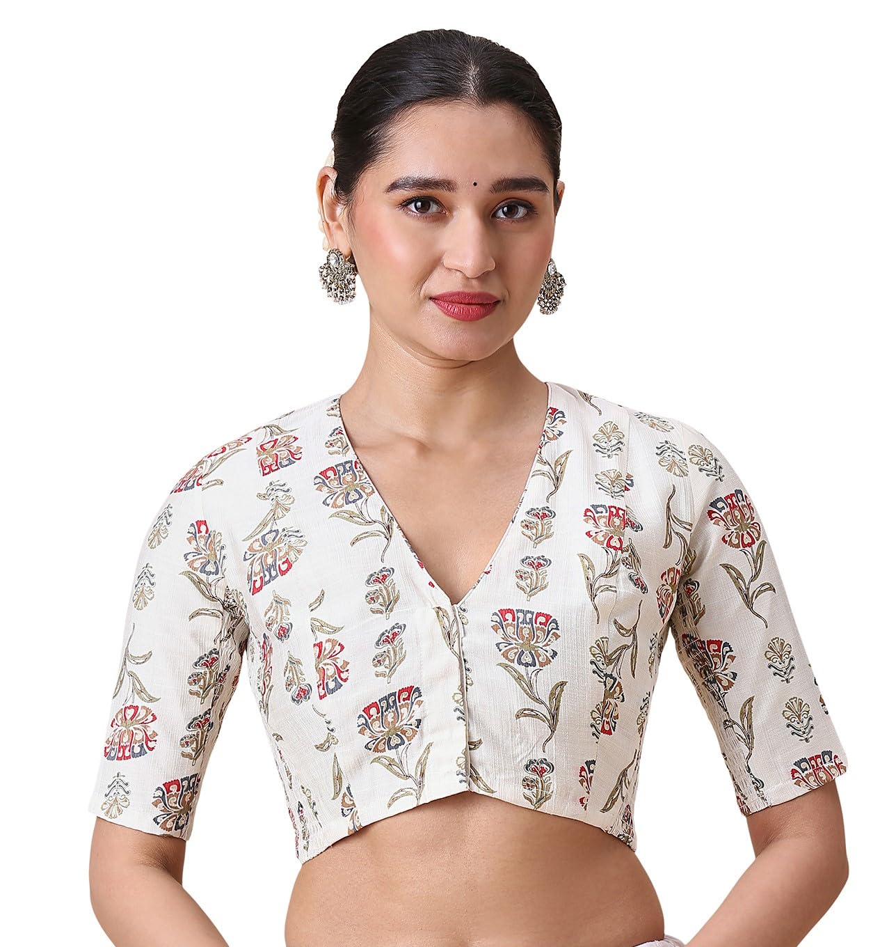 Women's Off White Rayon Printed Side Stretch (Smocked) Readymade Saree Blouse-image-33