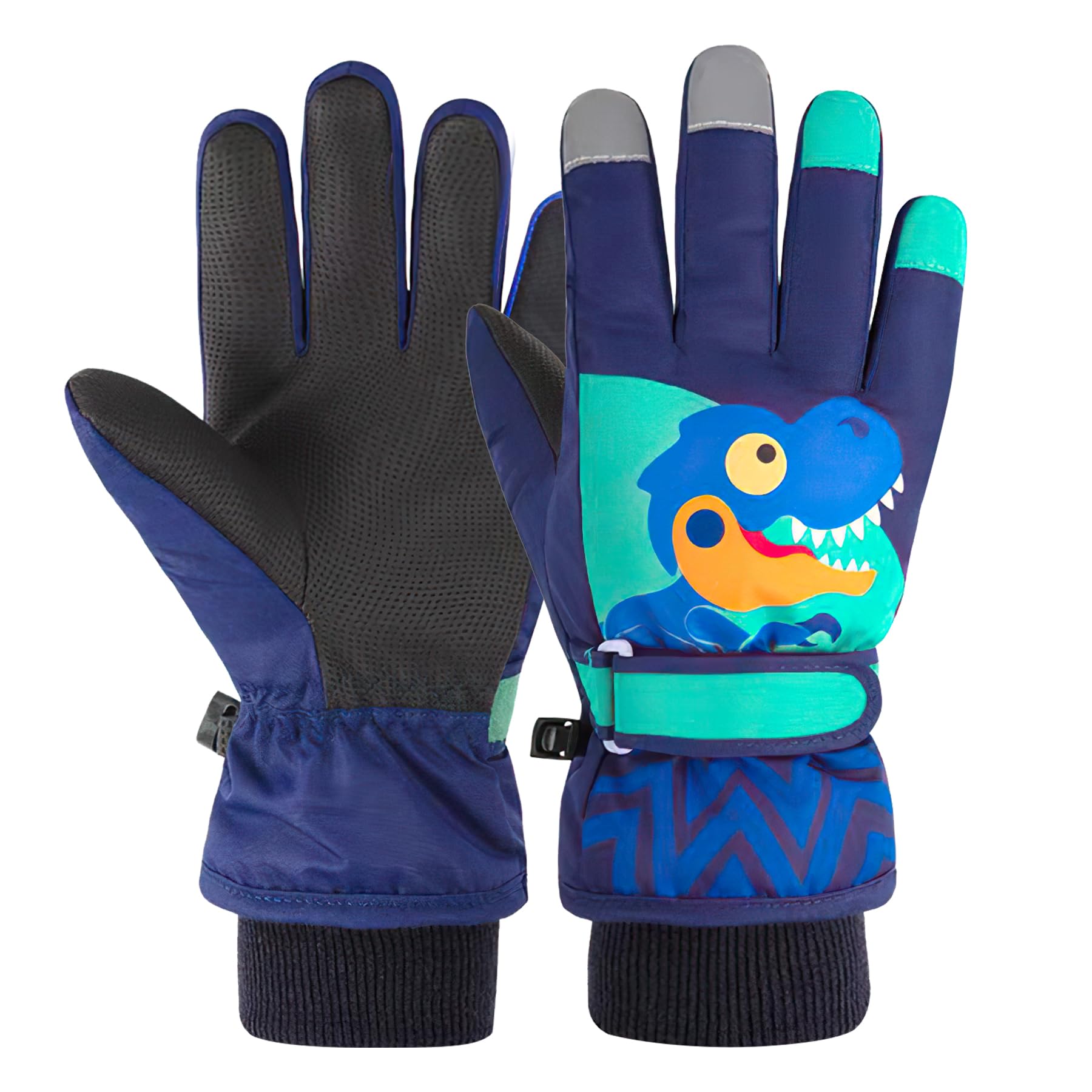 OPUHOHR Kids Ski Gloves, Dinosaur Winter Warm Windproof Snow Mittens for 2~13 Years Old Kids Cold Weather Gloves Girls Boys Sledding Snowboard Skating Cycling Running and Outdoor Activities