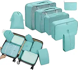 Organizador Viagem Kit 7 Peças - Necessaire para Bagagem Malas Roupas Bolsa Cosméticos Higiene - Dobrável Impermeável Multiuso Feminina Masculina Unissex Grande Compacto Prático (AZUL CLARO)