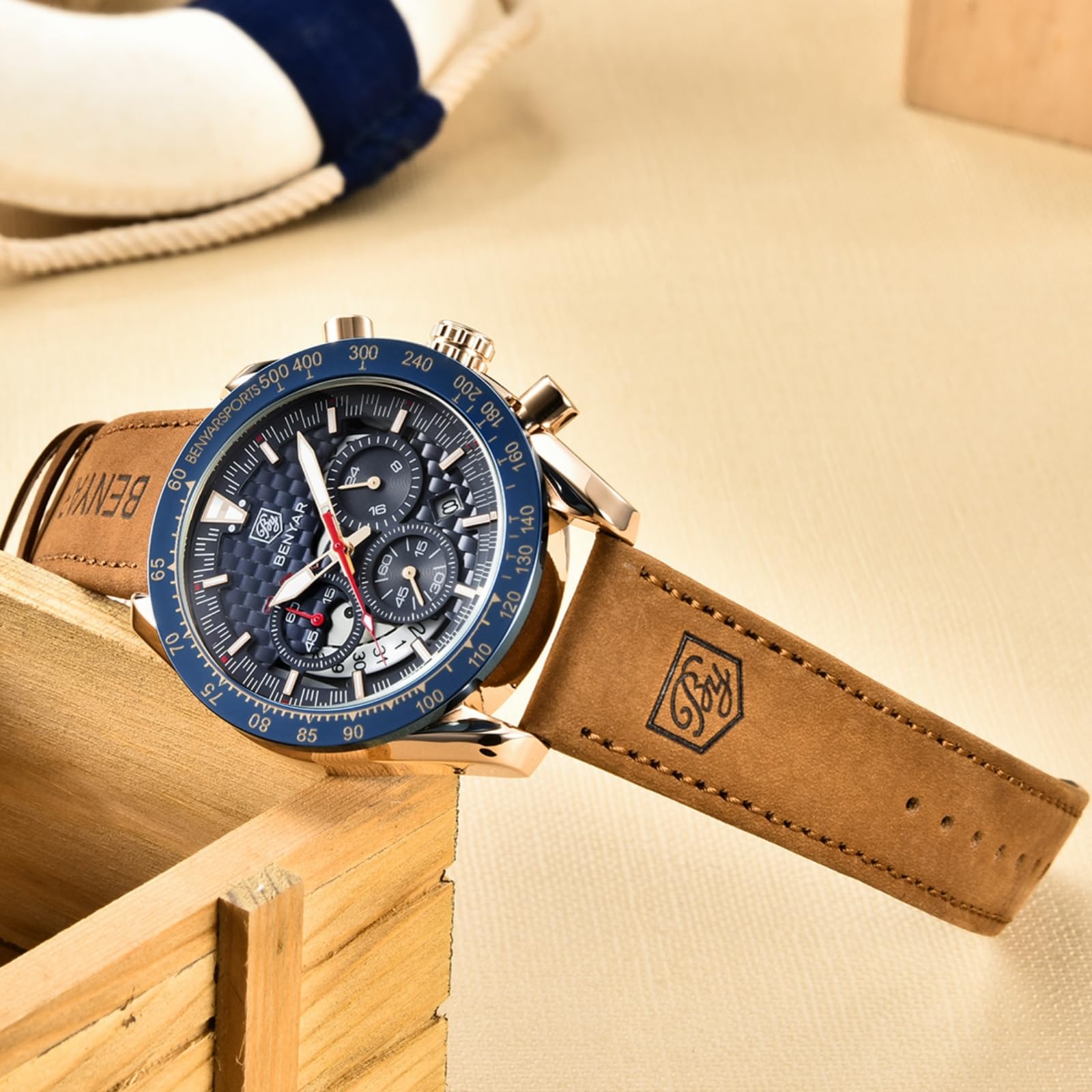 BENYAR BY Herren-Armbanduhr, wasserdicht, Chronograph, beleuchtet, klassisch, Lederarmband, großes Zifferblatt, Datum, Analog, Herren, Elegantes Geschenk