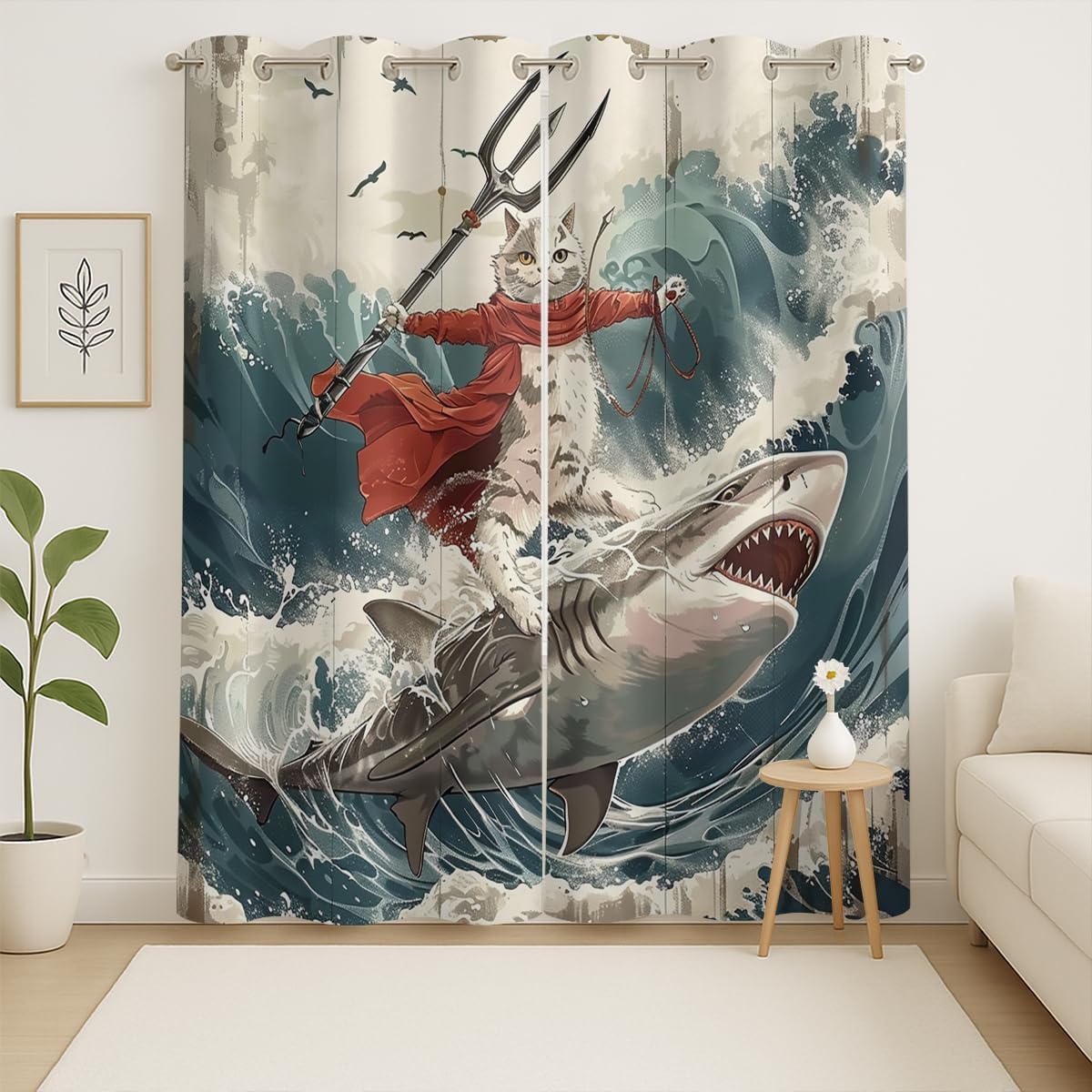 Funny Cat Blackout Curtains for Girls Boys Kids Home Decor, Cartoon Riding Whale Shark Ocean Wave Grommet Thermal Insulated Drapes Darkening Window Curtain for Bedroom Living Room, 42 x 45 Inch