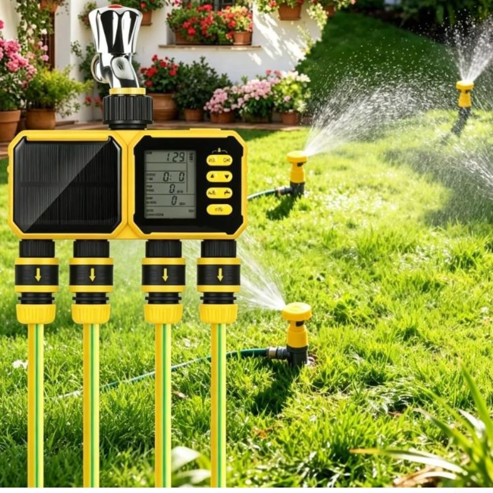 Timer automatico per irrigazione a 4 zone a energia solare, sensore di pioggia, regolatore di irrigazione da giardino con display LCD, impermeabile IPX5 per sistema di cura delle piante del prato