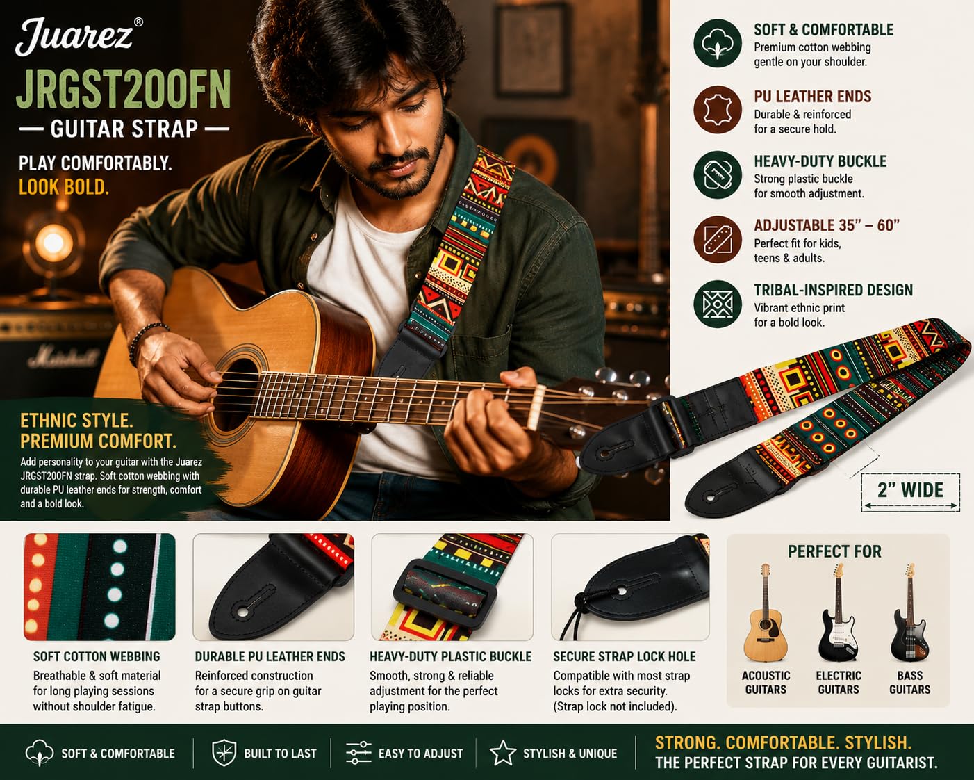 Juarez Guitar Strap – Soft Adjustable Strap with PU Leather Ends, 35"-60", 2" Wide, Ethnic Print – For Acoustic, Electric & Bass Guitars – JRGST200FN (Green Retro) 1