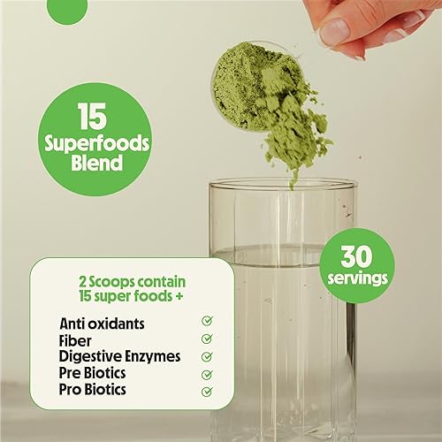 Miniatura 2 de Verduras en polvo, desintoxicación y deshinchazón con 15 Super Greens mezcla de espirulina, polvo de moringa, pasto de trigo, pre y probióticos,