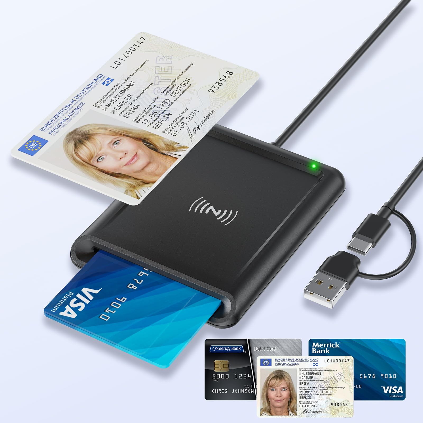 Quanlex USB-A+USB-C czytnik CIE 3.0 elektroniczna karta identyfikacyjna i karta medyczna, czytnik kart Smart NFC do DNI, kart bankowych, kompatybilny z systemem Windows, Linux, Android, kabel 95 cm