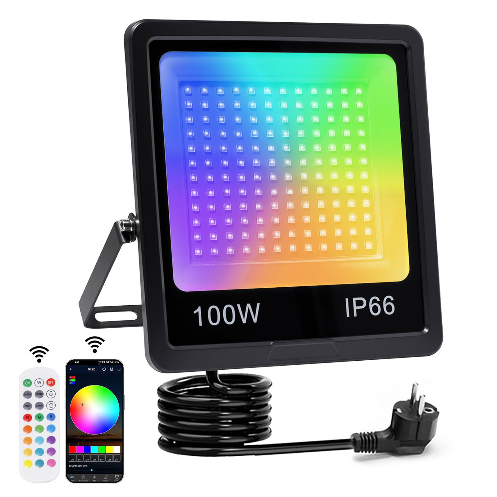 Foco LED RGB Exterior 100W, Regulable Foco LED con APP Bluetooth y Mando a Distancia 2.4G, IP66, 16 Millones de Colores DIY, Para Jardín, Fiestas, Pascua, Halloween