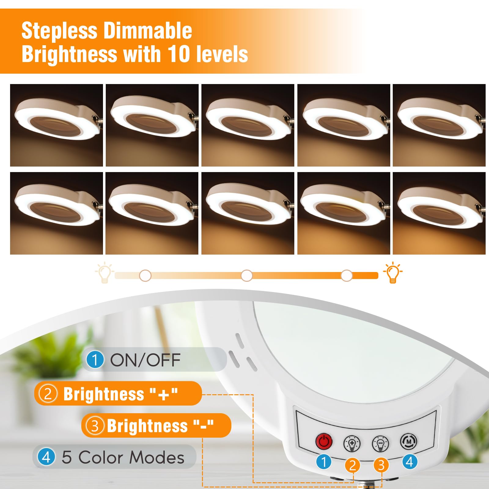 HYEIOL LED Magnifying Glass with Light,5 Color Modes 10 Brightness Dimmable Magnifying Lamp with Desk Clamp - Image 4