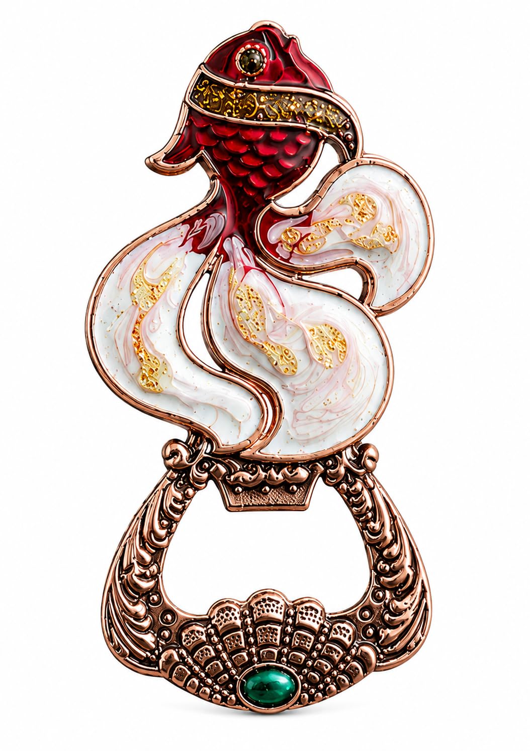 Luxury Fish Bottle Opener with Refrigerator Magnet | Decorative Metal | Beer Opener with Crystal Stone Embellishments | Vintage Style Home Bar Accessory (RED Copper Fish)-image-12