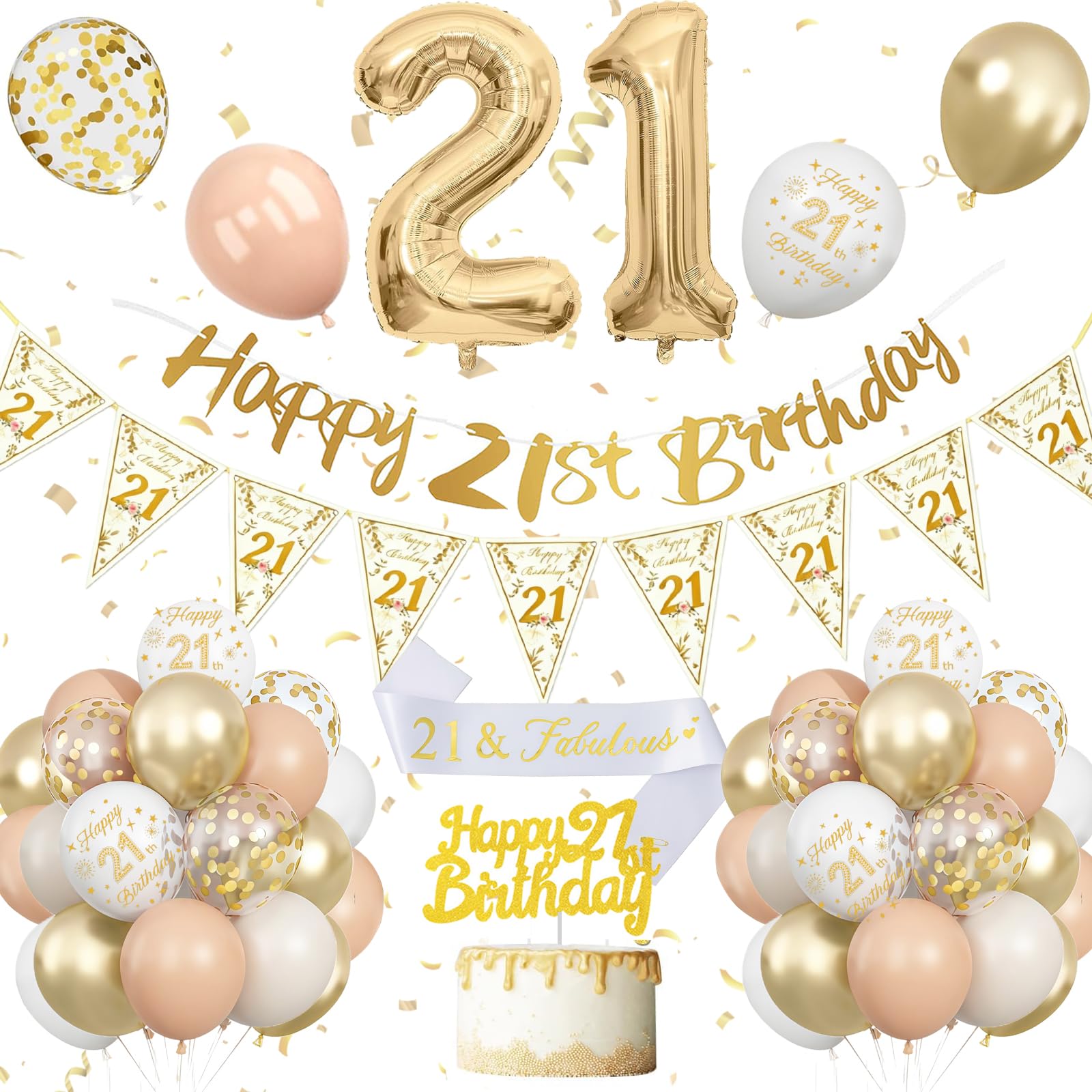21th Birthday Decoration for Women,21th Birthday Decorations Girl, Beige White Gold Balloons With Happy 21th Banner, Cake Topper, Number 21 Foil Balloons for Women Men Party Decoration