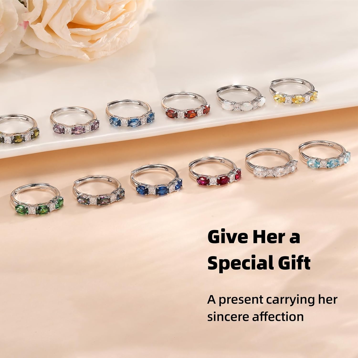 925 Sterling Silver Birthstone Rings for Women - Adjustable Size Women Jewelry Birthday Gifts for Girlfriend,Wife,Mom - Image 5
