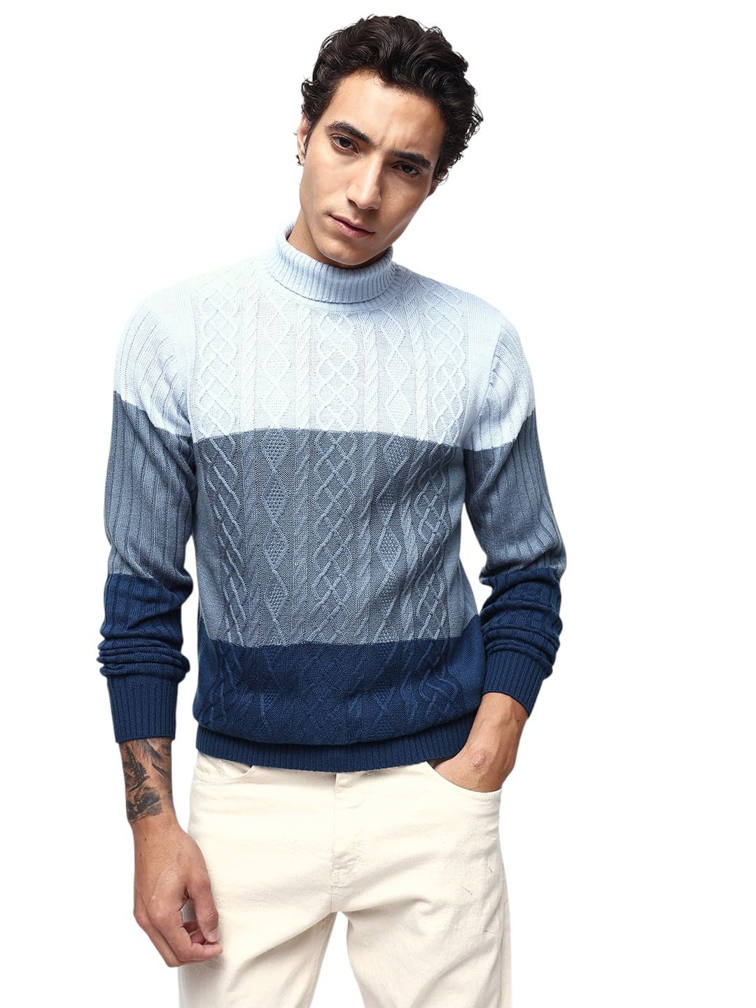 dennis lingo Men's Cable Knit Colourblocked Turtle Neck Pullover Sweater-picture-15