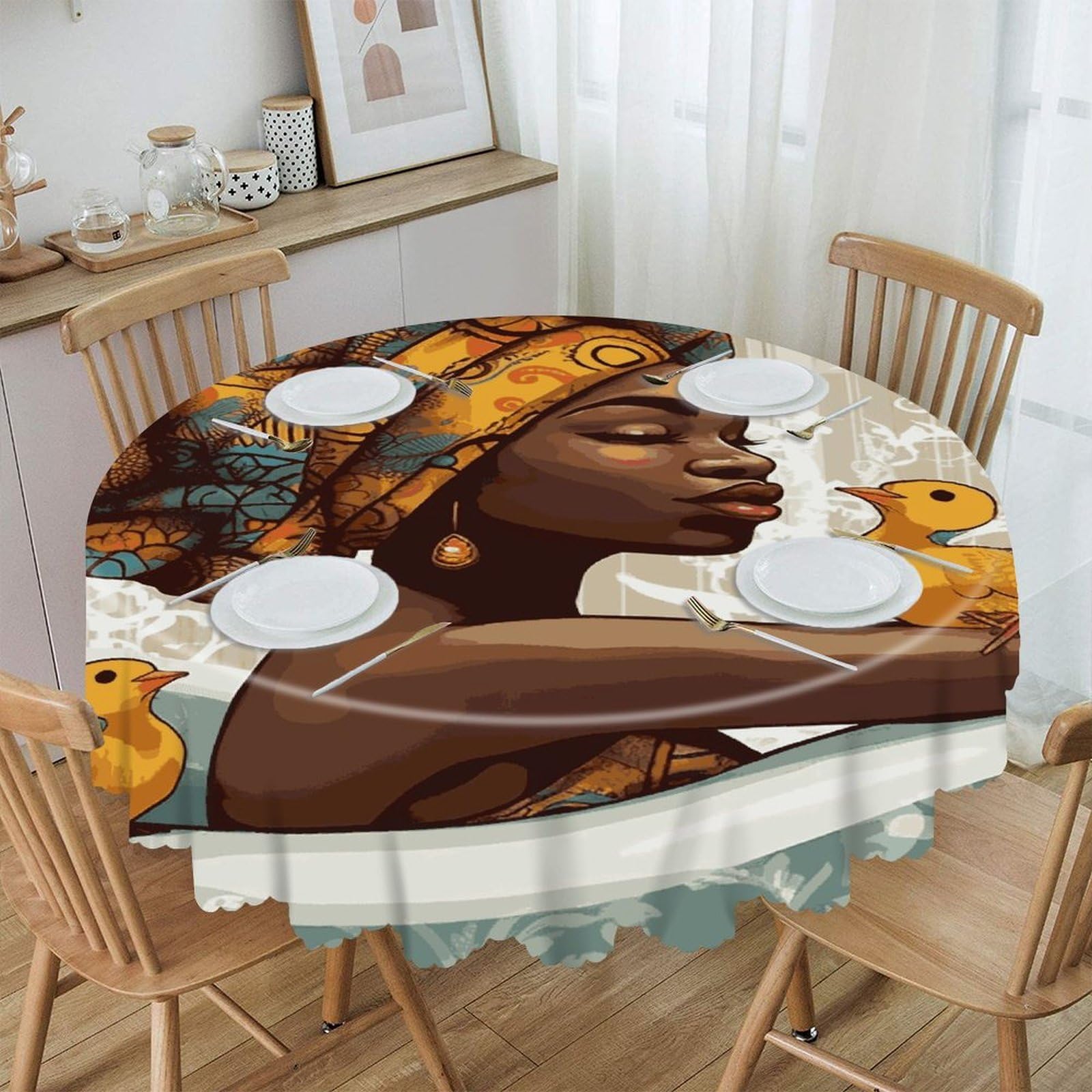 VstaDank African Girl Round Tablecloth 60 Inch Easy to Clean Circle Table Cover Thick Decorative Round Polyester Table Cloth for Dining Kitchen Party Farmhouse Outdoor