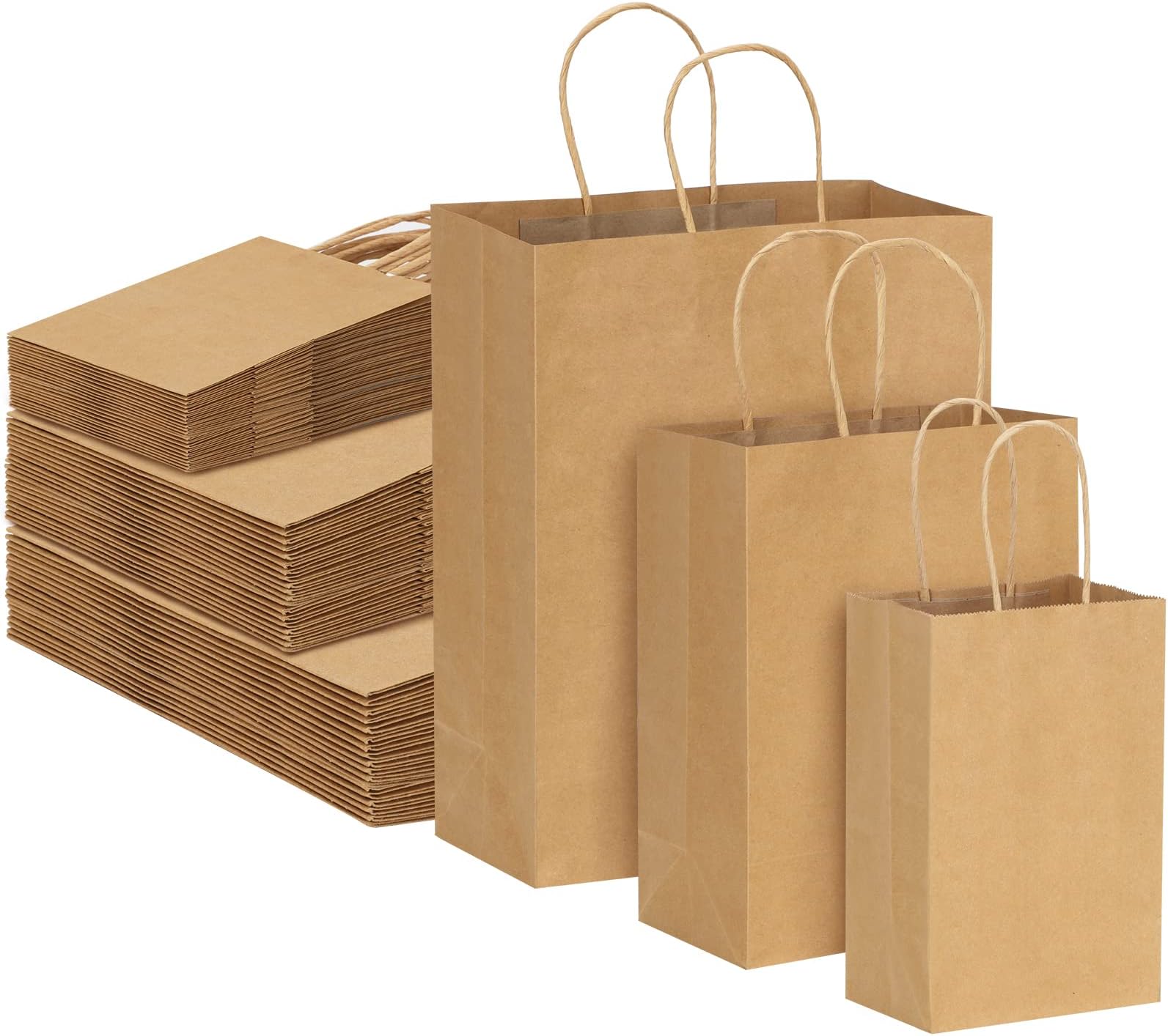 180pcs Brown Paper Bags with Handles Bulk, (8/10/12.6 Inches) 60 Per Size, Assorted Size Kraft Paper Gift Bags for Business, Shopping, Retail, Merchandise