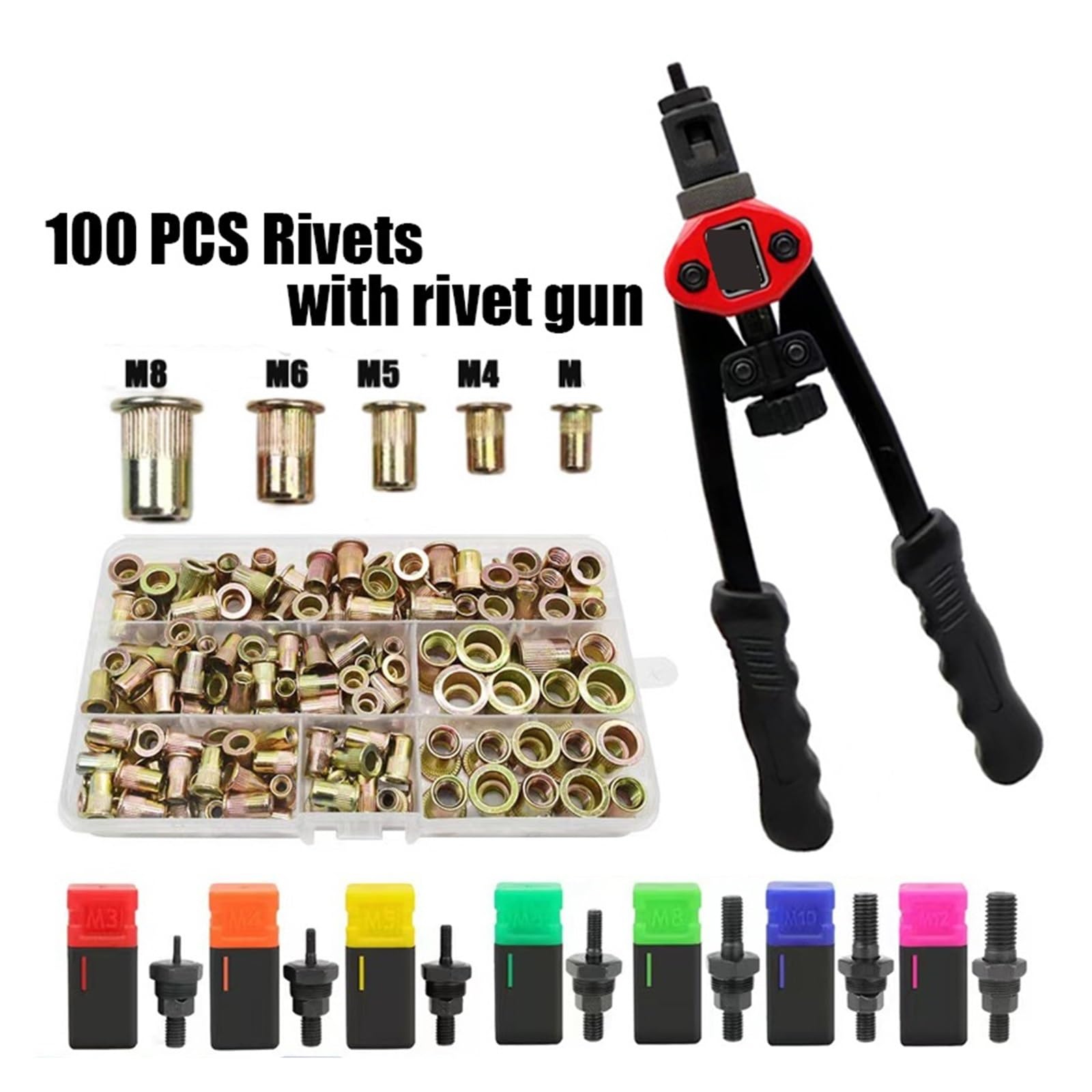 Pistola sparachiodi, 100 Pz Dado For Rivetti O Dadi For Filettati A Mano Pistola BT606 M3 M4 M5 M6 M8 Doppio Inserto Rivettatrice Manuale Rivnut Strumento(100pcs with Gun)