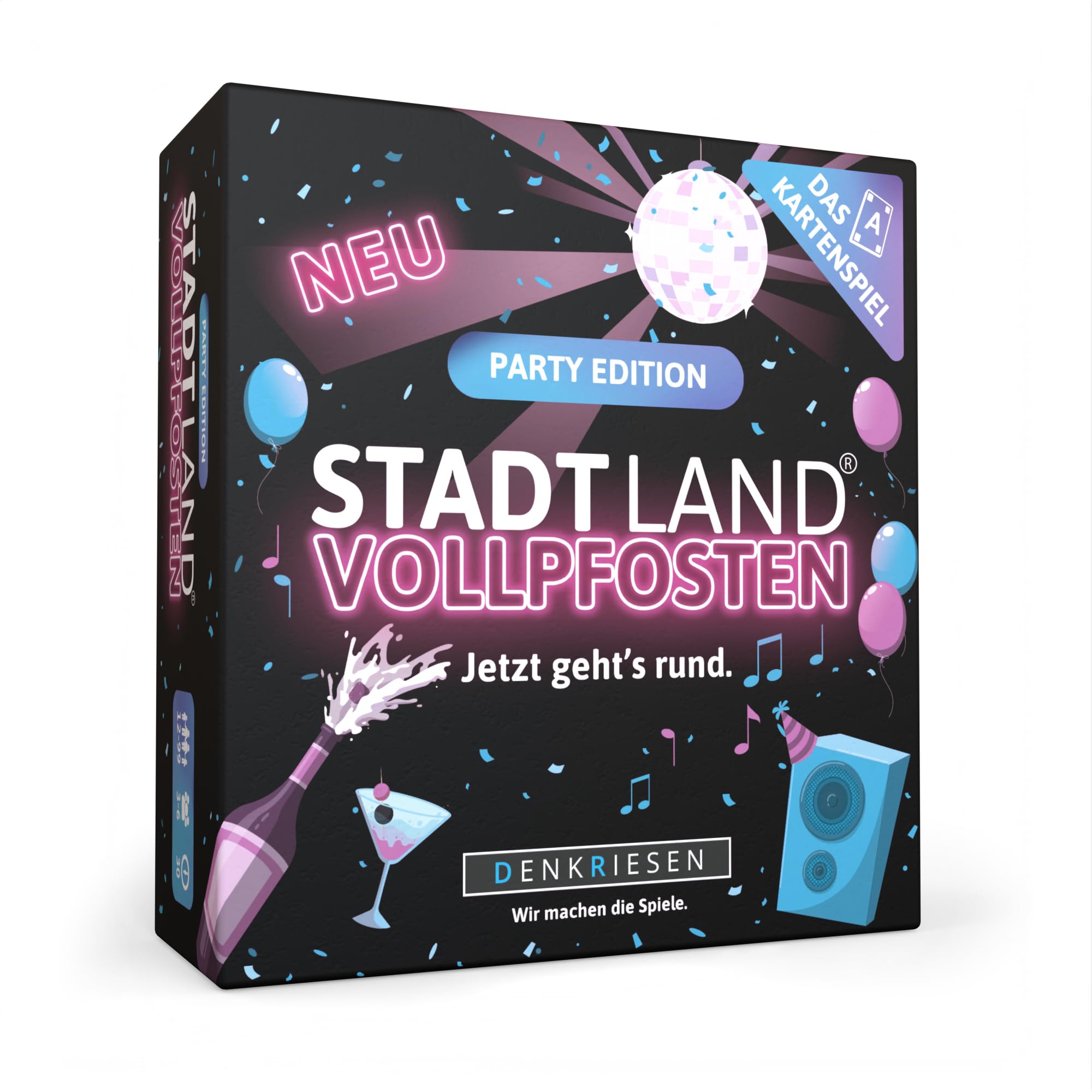 DENKRIESEN Stadt Land Vollpfosten® – Das Kartenspiel - Party Edition | ab 12 Jahren und 3-6 Spieler, 200 Kategorien | Partyspiel für Familien | Stadt Land Fluss Reisespiel | Gesellschaftsspiel