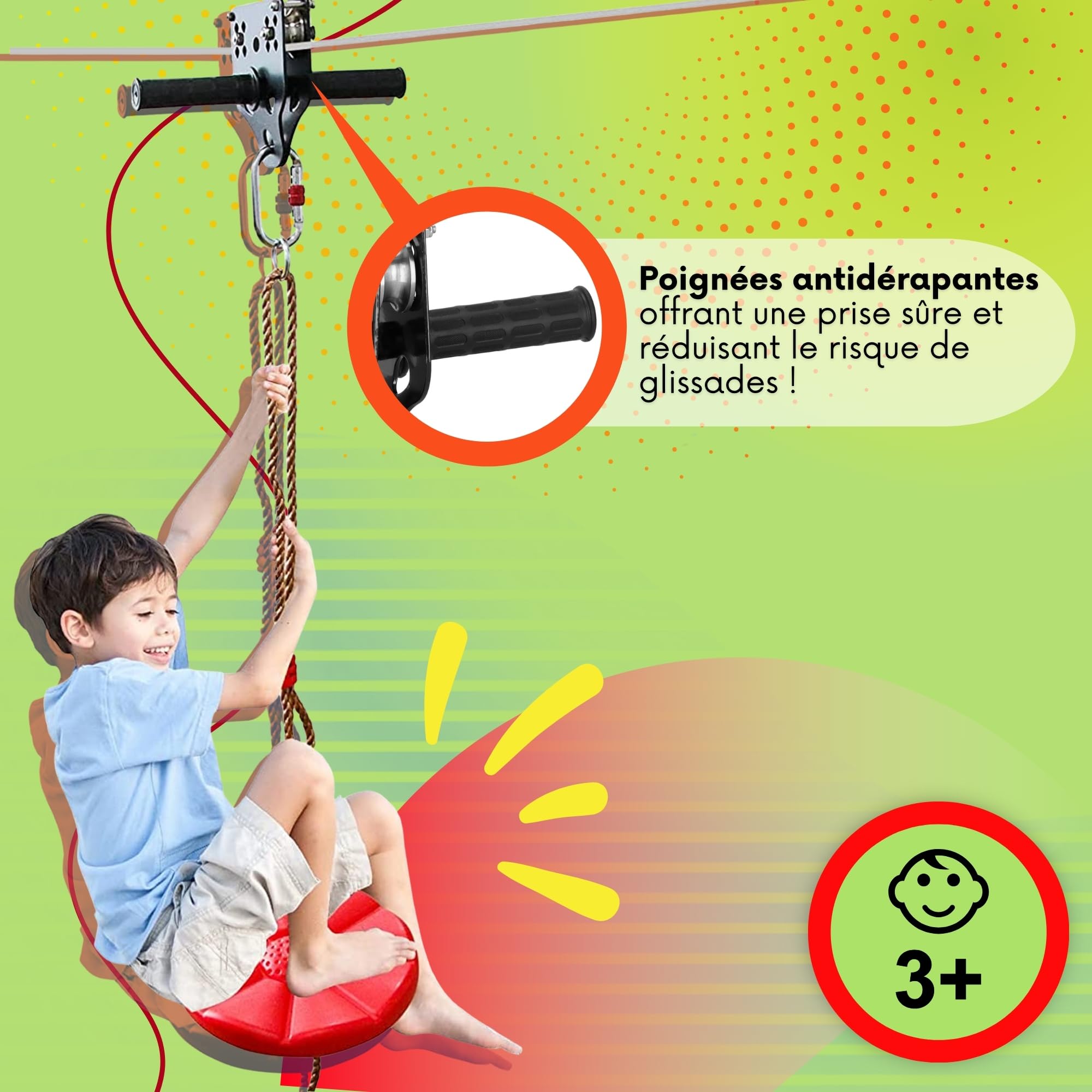 SPRINGOS Tyrolienne Enfant 30m Acier Inoxydable – Kit Zipline avec Siège, Chariot, Frein Ressort, Mousquetons – Charge 120 kg – Jeu Plein Air Jardin