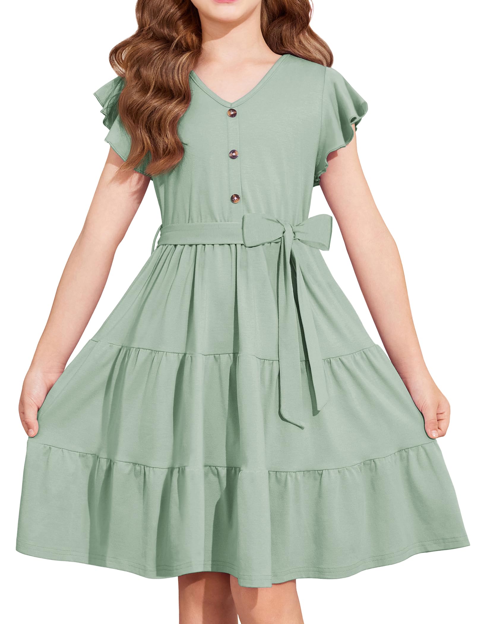 Arshiner Girls Short Sleeve Fashion V Neck Button Removable Belt Dress with Pockets 5-12 Y