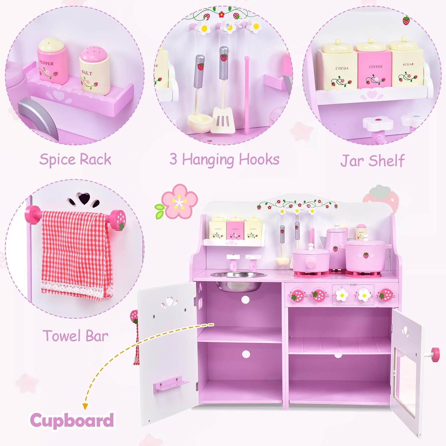 Costzon Kids Kitchen Playset, Wooden Pink Strawberry Themed Pretend Toy Set with 13-Pieces Cookware, Realistic Sound, Pot, Pan, Sink, Oven, Kitchen Set Gift for Toddlers, Girls 25