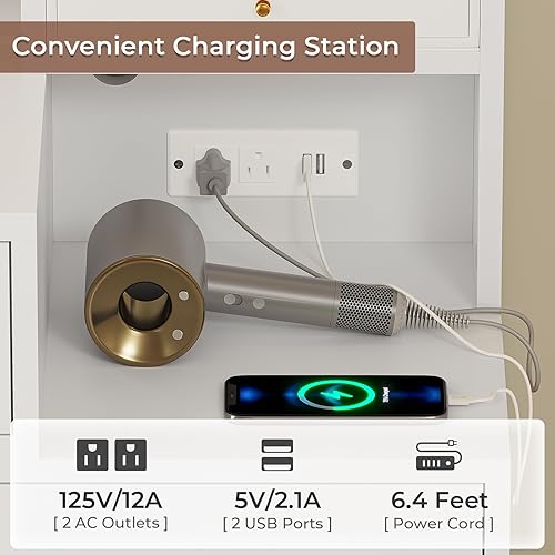 Miniatura 4 de BTHFST Tocador de maquillaje con estación de carga y joyero de 3 capas, escritorio con espejo deslizante y luces, mesa de tocador con 8 ganchos para