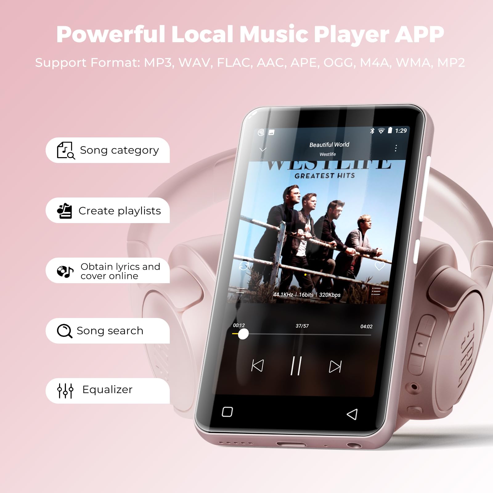 Reproductor MP3 de 160 GB con Bluetooth y WiFi, reproductor de música innioasis con Spotify, Pandora, Amazon Music, pantalla táctil de Android MP4, reproductor MP3 para niños con Libby, Audible,