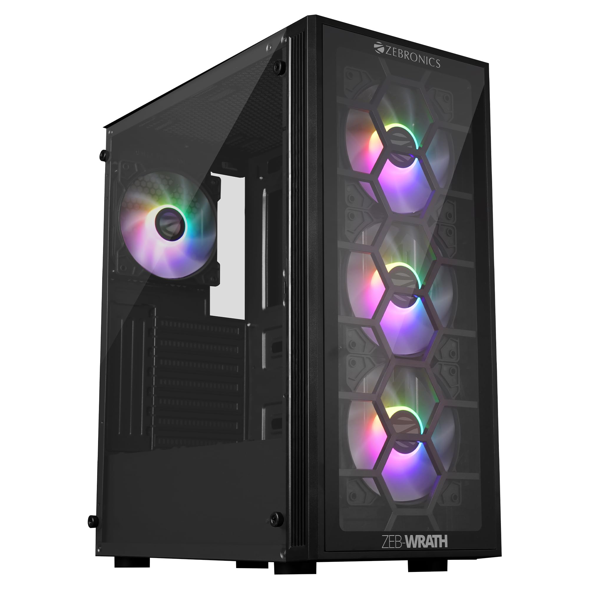 ZEBRONICS Wrath Mid-Tower Premium Gaming Cabinet ATX/MicroATX/Mini ITX, 3X 120mm Front + 1x 120mm Rear Fan, Centre Glow ARGB Fans, RGB LED Modes, Tempered Glass Side Panel, USB 3.0 (B0CLM2GJS5) Amazon Price History, Amazon Price Tracker