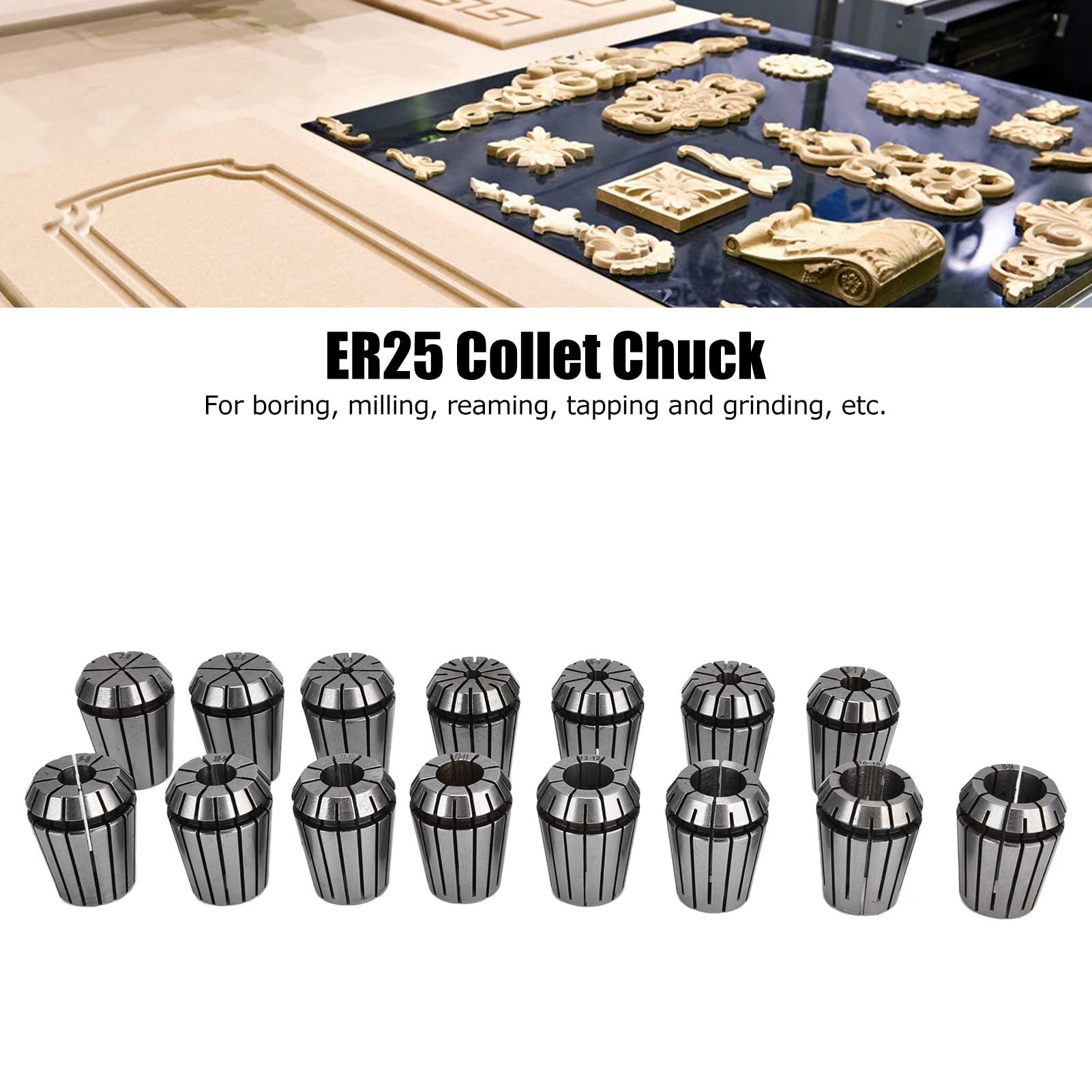 Jeu de 15 Pinces de Serrage, Pinces à Ressort SKER2515PC03 ER25, Jeu de Mandrins à Pince en Acier Rapide avec Clé pour Machine de Gravure CNC et Outil de Tour de Fraisage