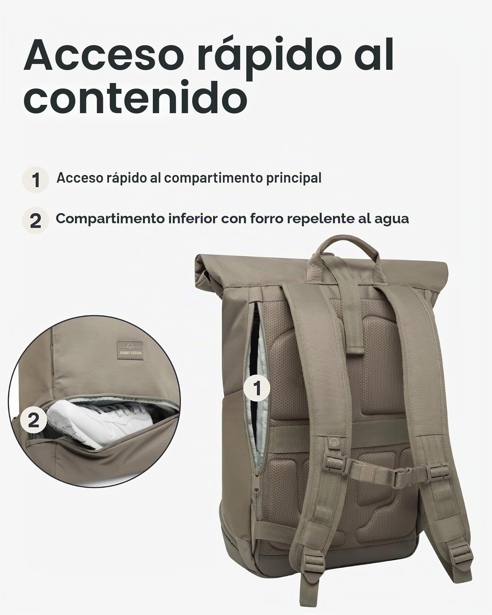 Johnny Urban Mochila Enrollable Mujer Hombre Gris - Allen Large - Grande Bolso para Escolar, Universidad, Trabajo - Compartimento para Portátil - Repelente al Agua
