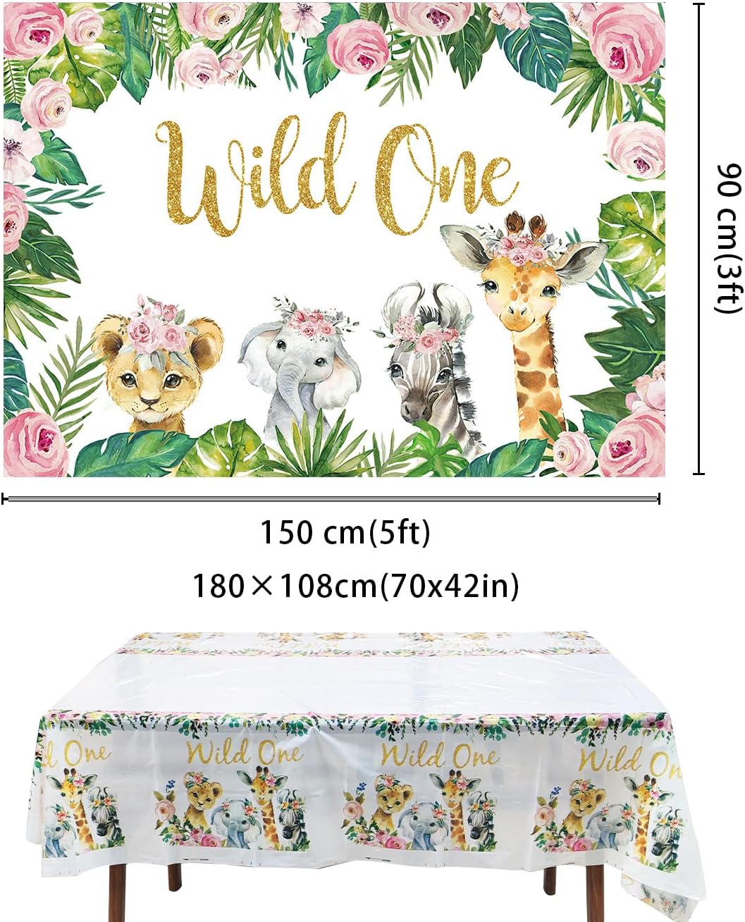 Wild One Theme Backdrop with Tablecloth for Girls Birthday Party Decoration Jungle Animal Backdrop 5x3ft Wild One Tablecloth 180x108cm Baby Shower Party Decoration Supplies