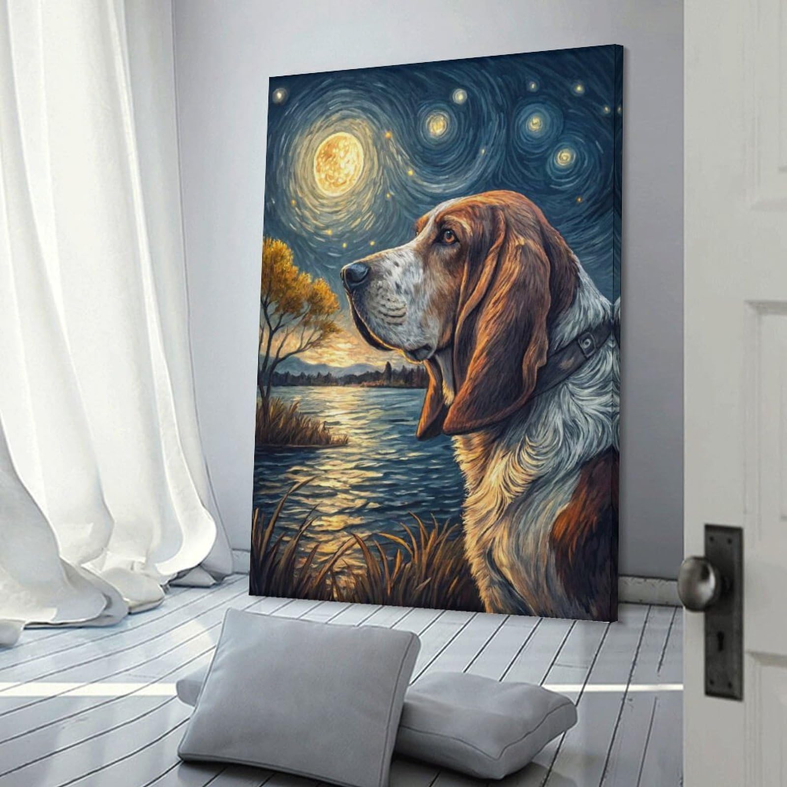 Junmoney Decorative Canvas Print Basset Hound Under A Starry Night Sky, 24x36inch(60x90cm), for Lounge, Bedroom Or Personal Spaces, A Wall Art Gift for Fresh Interiors