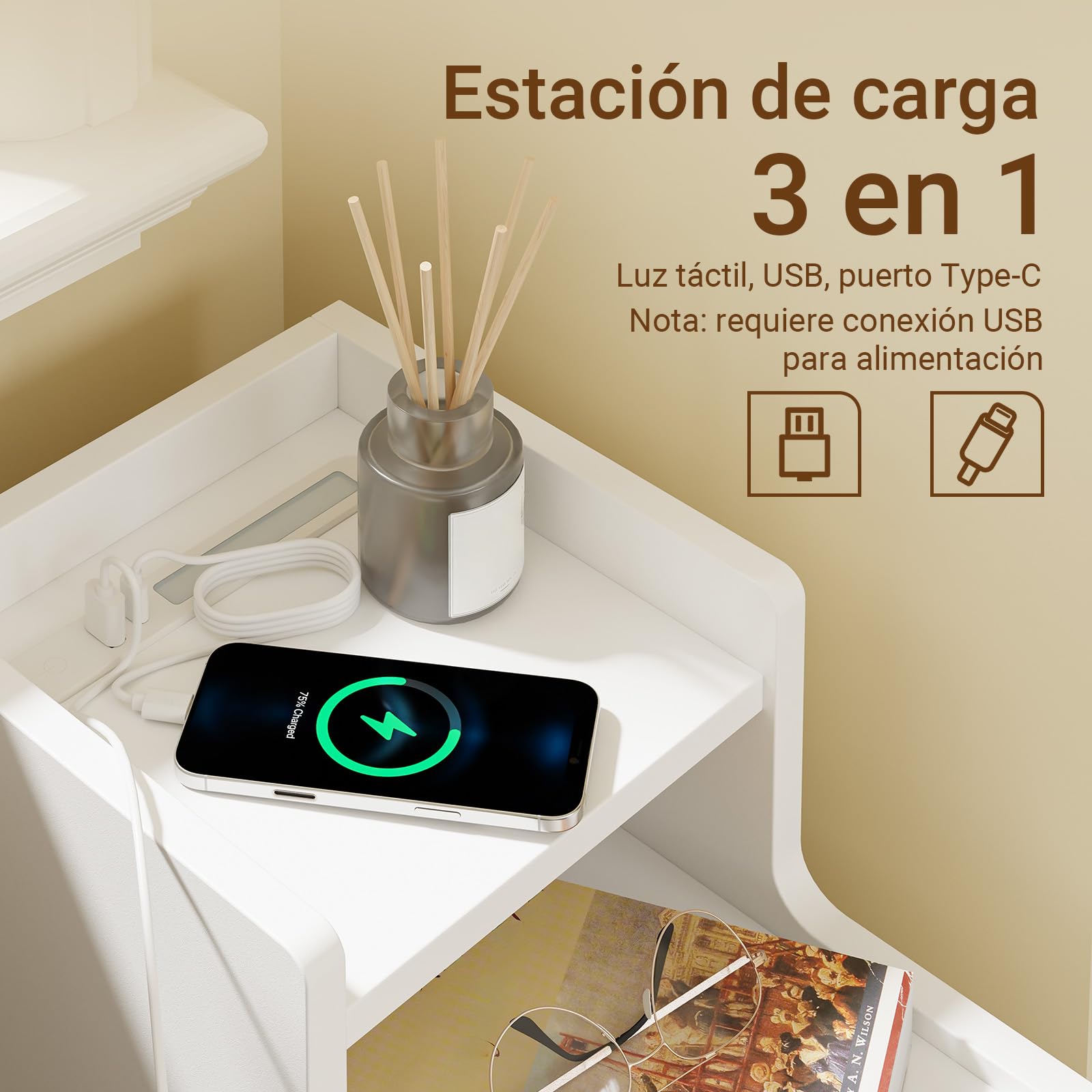 SoBuy mesita de Noche Estrecha con Carga y lámpara LED táctil, 22x34x60.5cm | 22cm Mesa auxiliar con USB & Type-C, barra LED regulable USB cable 1,8 m, zócalo y antivuelco, para dormitorio FBT178-E-WN