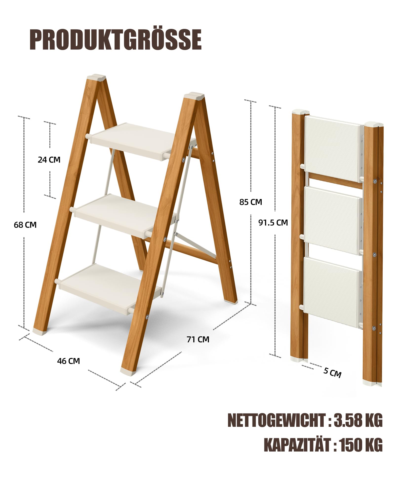Trittleiter 3 Stufen klappbar,150 kg Kapazität mit Anti-Rutsch-Pedal,Tragbarer Tritthocker aus Alu,einfach zu verstauen,Innen- und Außenbereich, ästhetisches Aussehen,Weiß Holz Look
