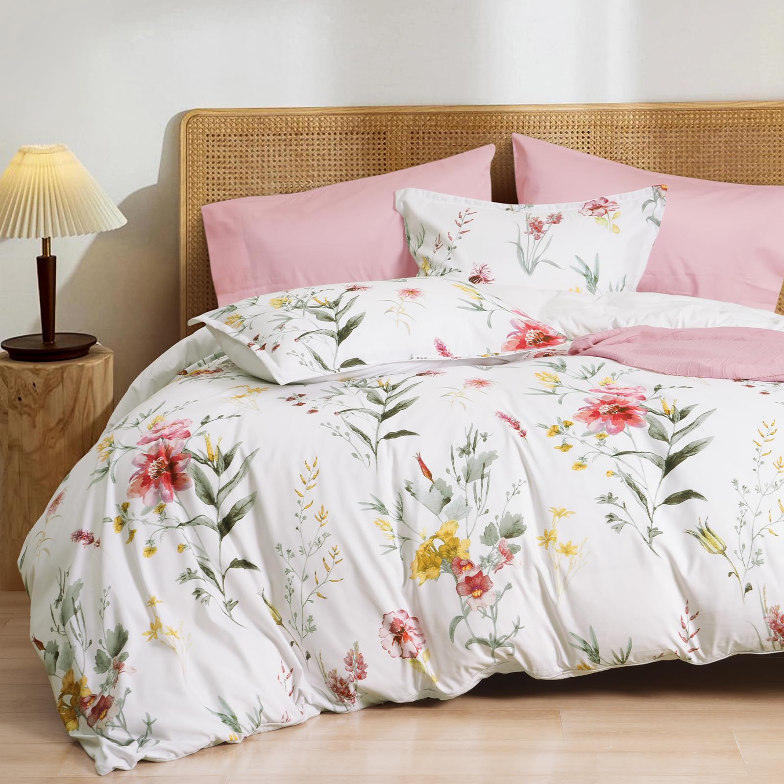 phf ultra soft floral duvet cover king size, printed bedding set 3 pieces, comfy durable farmhouse duvet cover set with 2 pillow shams, zipper closure and 8 ties, 104"x90", white & yellow